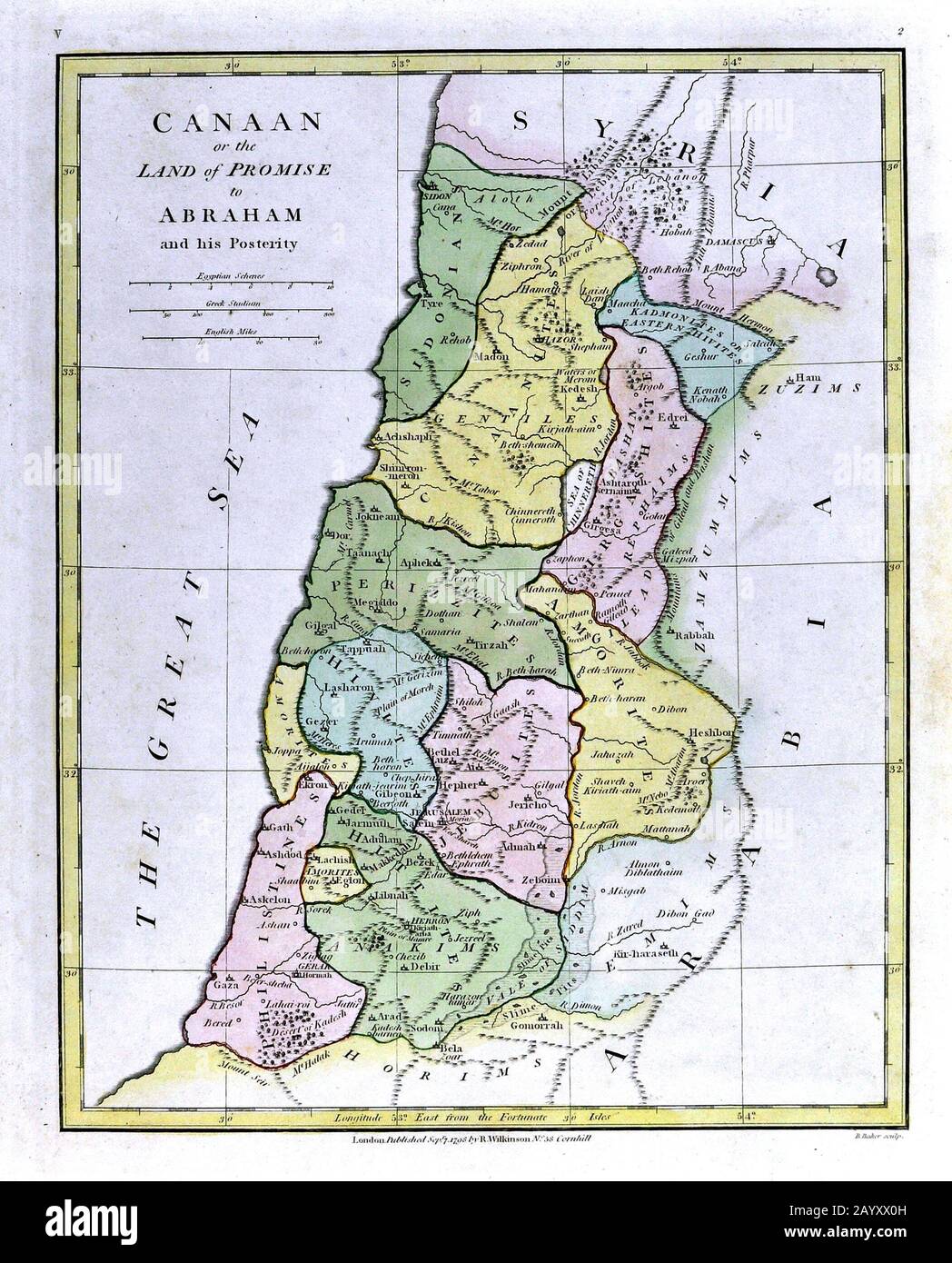 1808 Wilkinson Map Canaan Promise Land Kingdom of Abraham Old Testament Holy Land Ancient Palestine Palestina Jerusalem Stock Photo