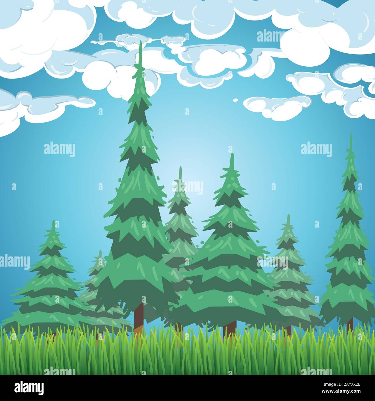 Spruce forest landscape. Nature view with fir trees, grass and clouds vector illustration Stock Vector