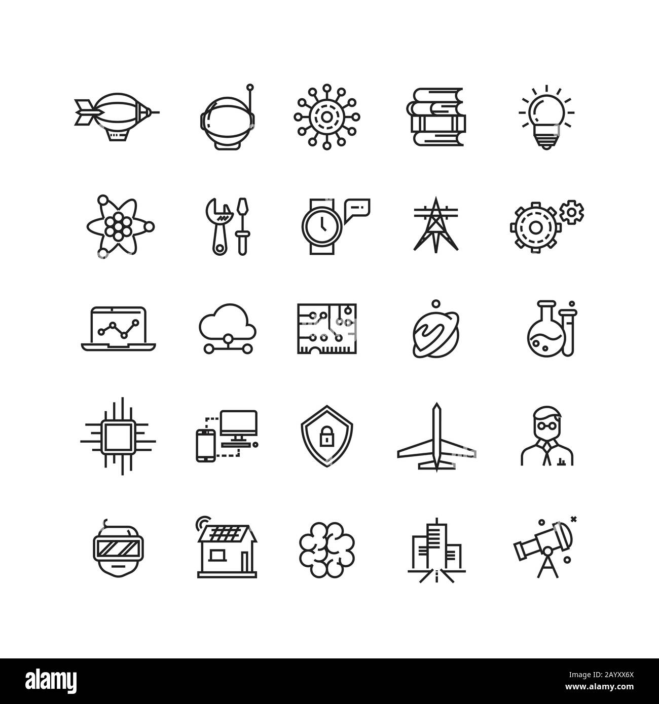 Science, media and internet thin line vector icons. Science web and technology science icon illustration Stock Vector