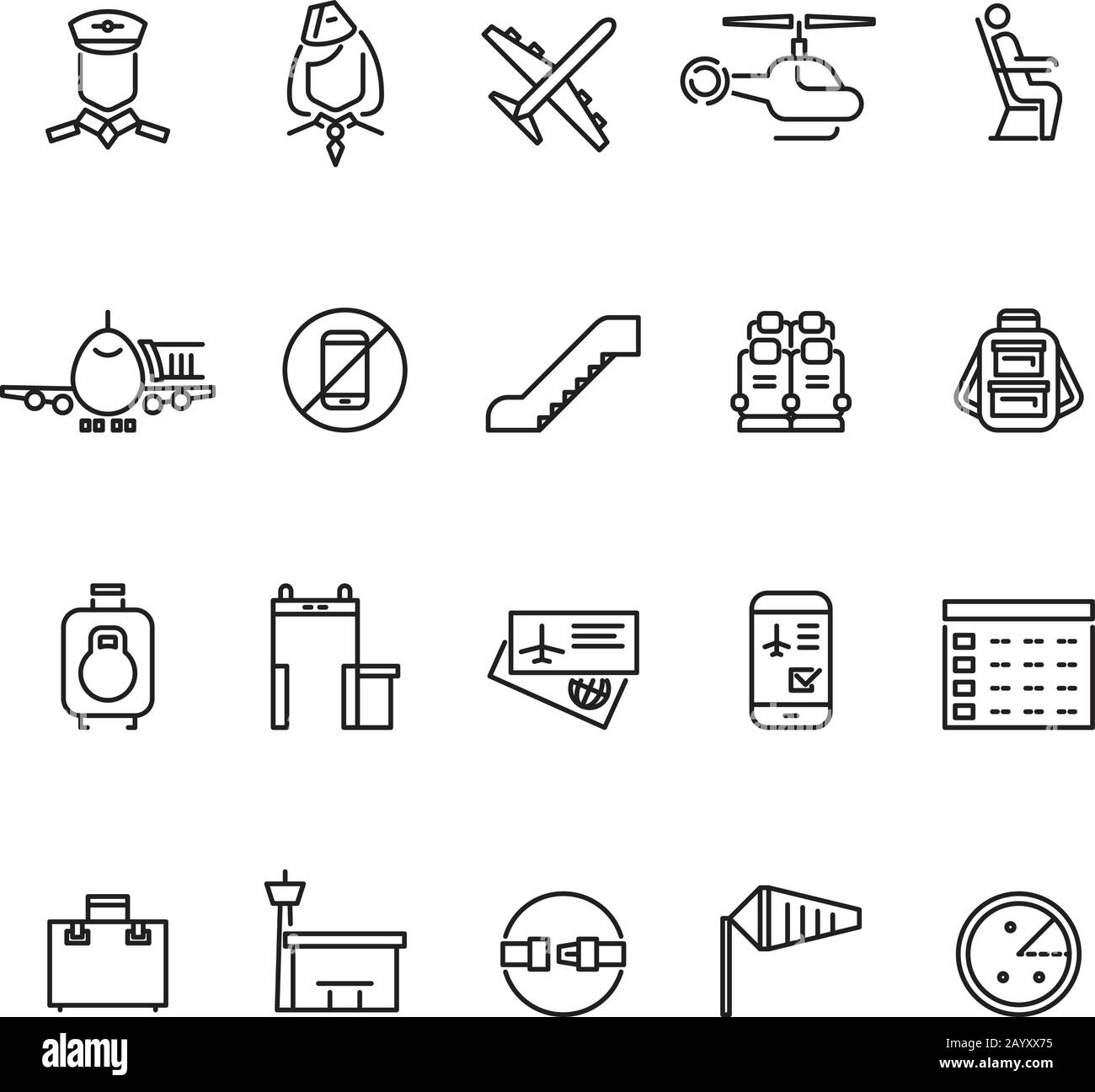 Aviation outline vector icons set. Air travel concept icon and illustration baggage and detector metal for air travel Stock Vector