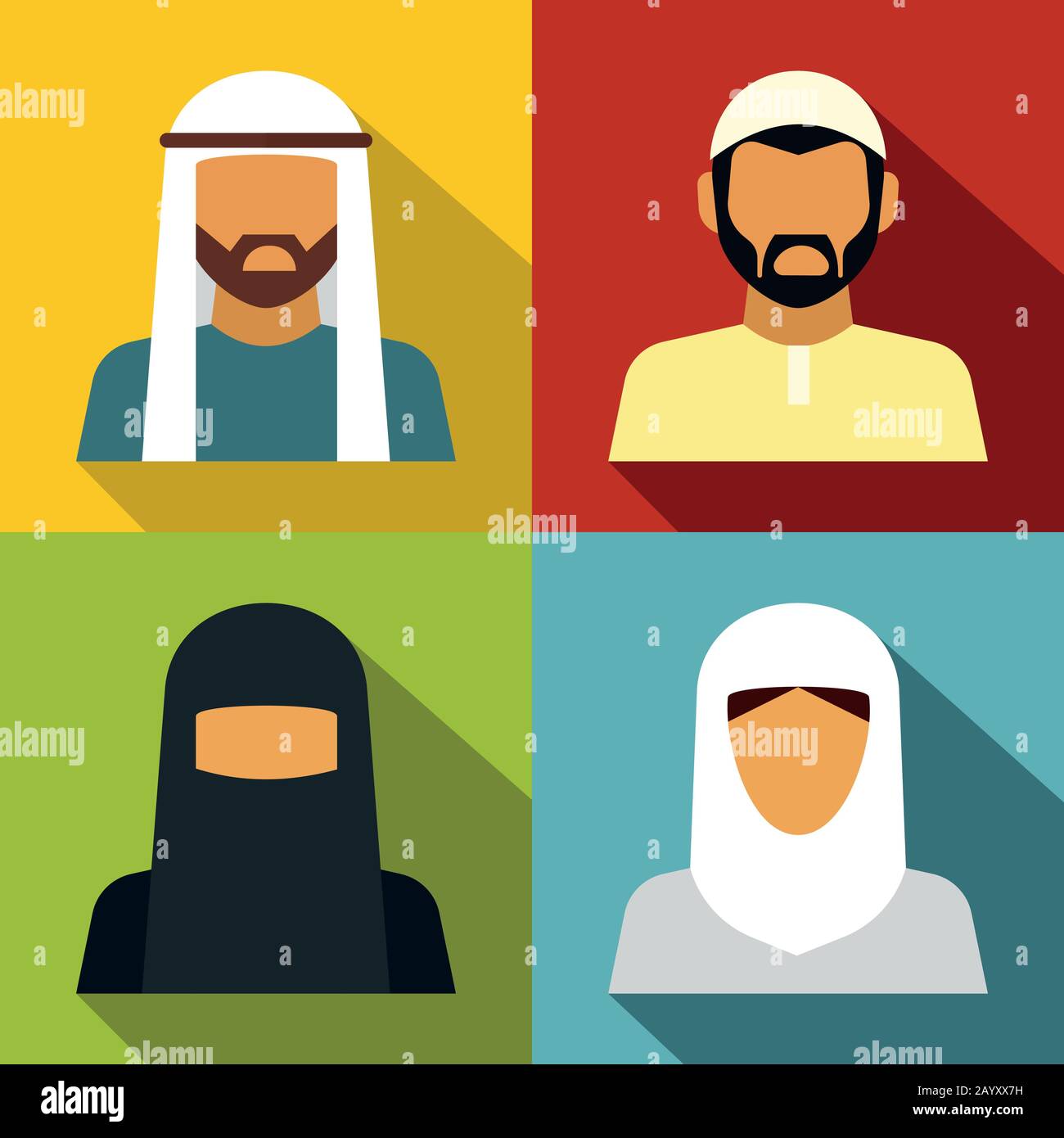 Middle Eastern people avatar on color background with long shadow. Vector illustration Stock Vector