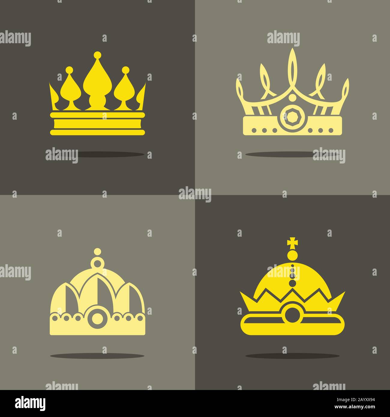 Yellow crown icons with shadow. Royal crown for prince, vector illustration Stock Vector