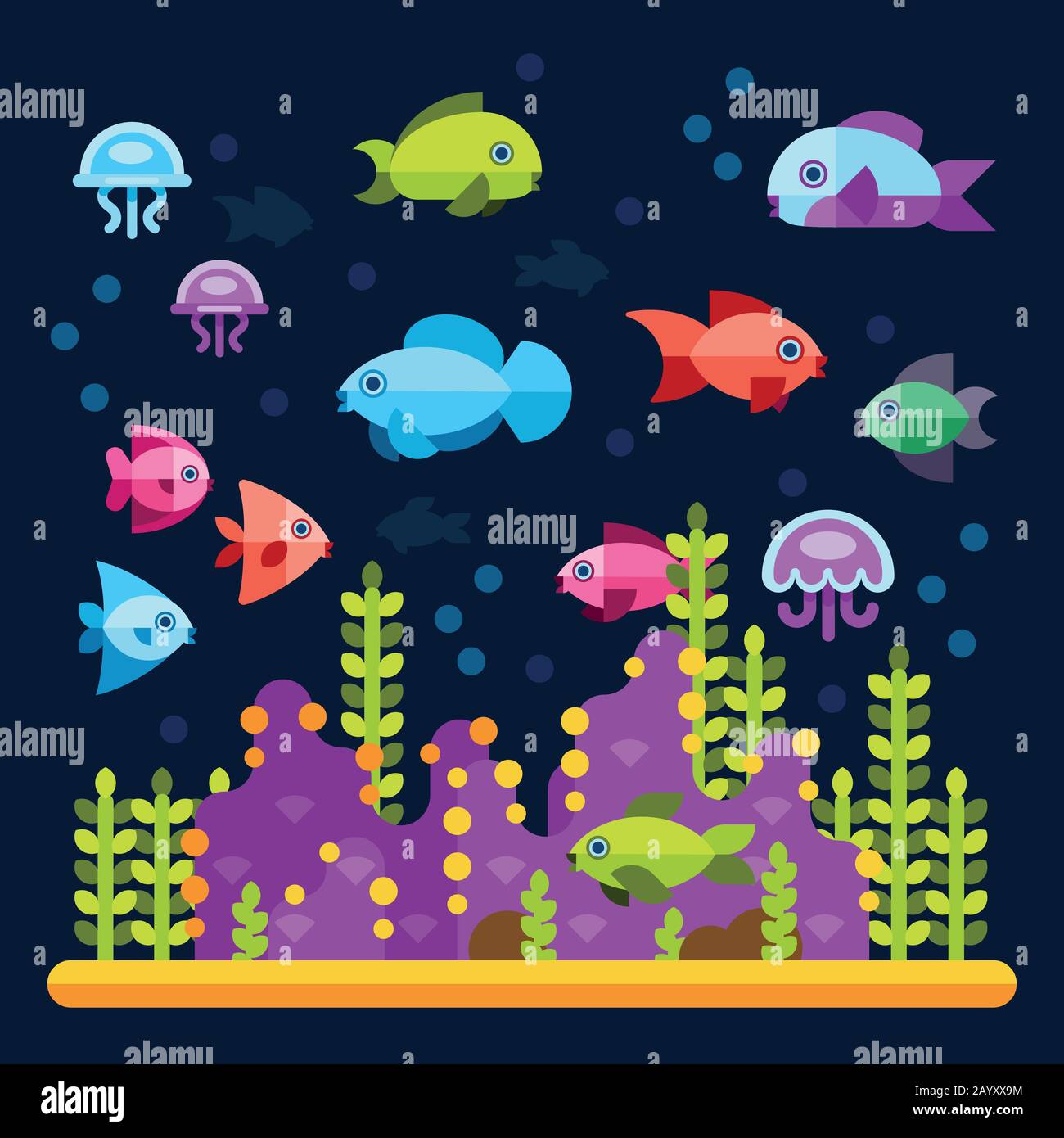 Underwater life with sea animals in flat style. Water ocean animal fish