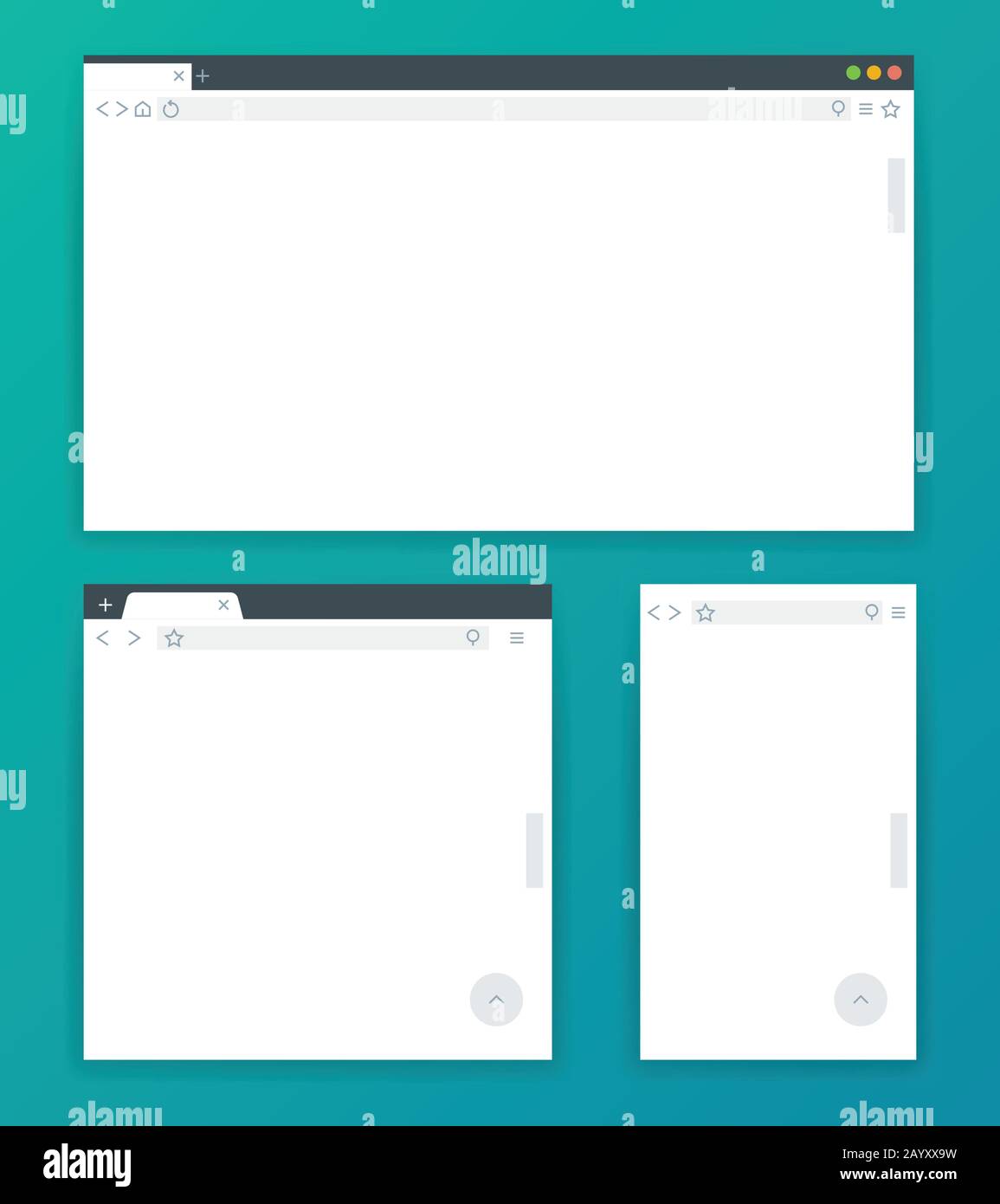 Blank browser windows for devices of computer, tablet, and phone. Templates for adaptive responsive web design. Vector illustration Stock Vector