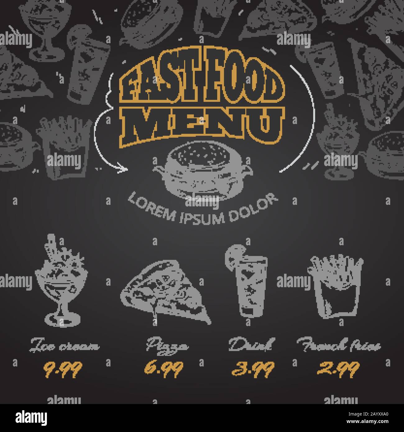 Chalkboard fast food menu in hand drawn style vector illustration. Menu design for cafe, vintage menu banner Stock Vector