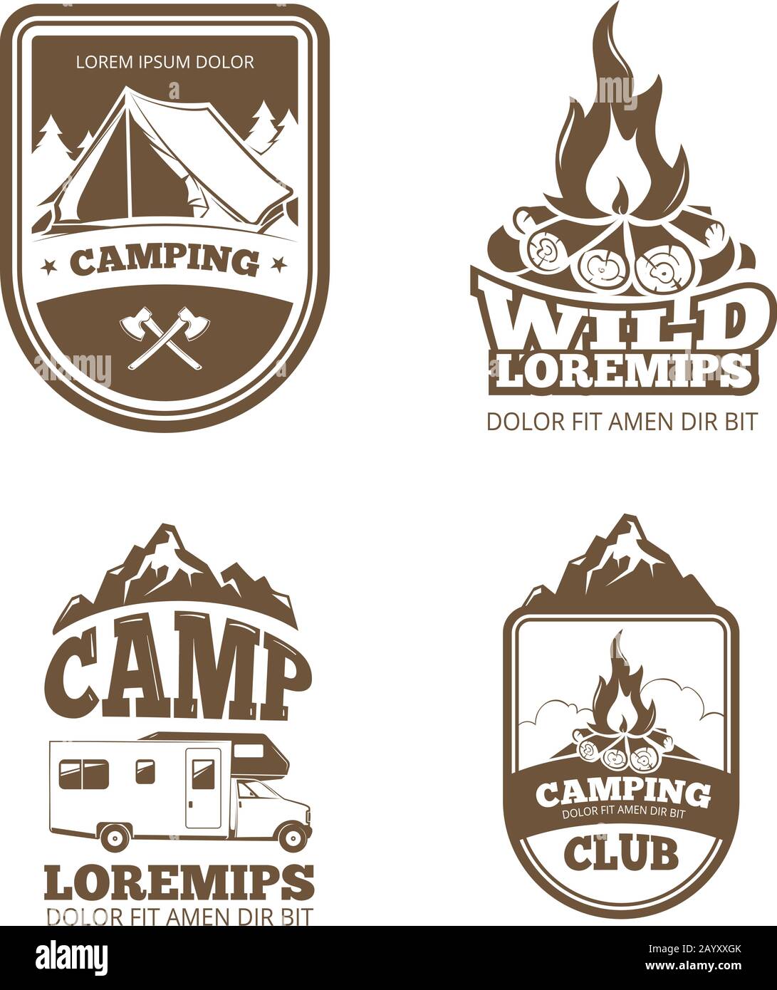Wilderness and nature exploration vintage vector labels, emblems, logos, badges. Vintage badge camping club and illustration emblem for camping Stock Vector