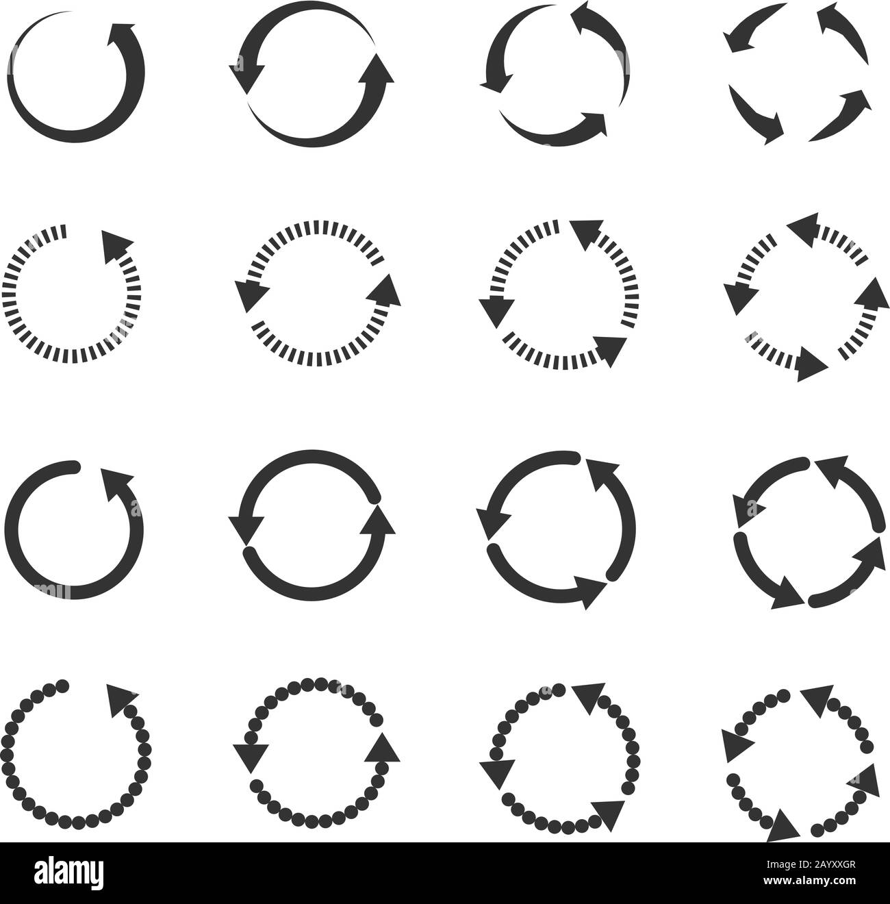 Circle refresh reload rotation loop vector arrows set. Sign reload with arrow and illustration rotation arrows symbol Stock Vector