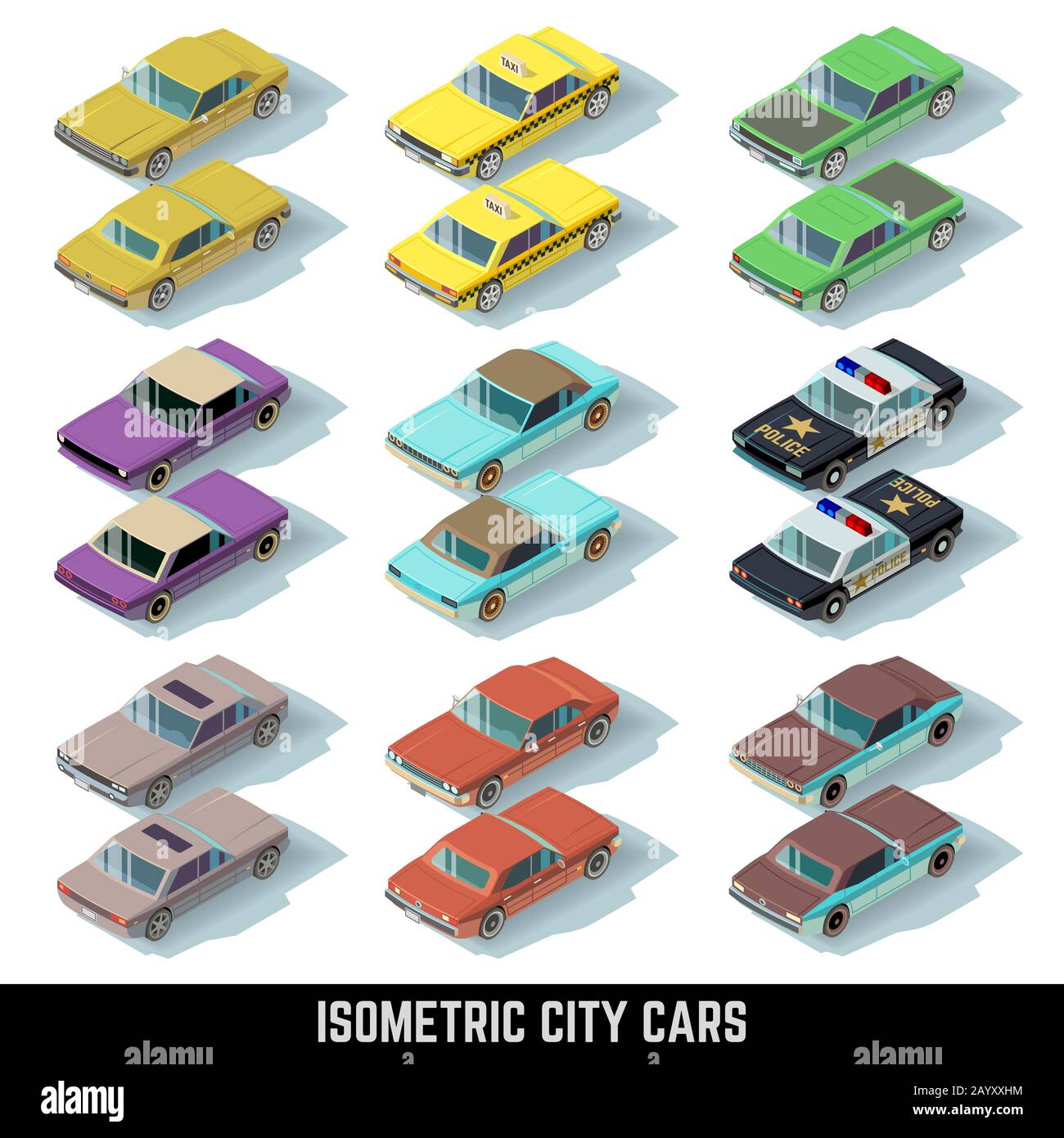 Isometric city cars vector icons in front and rear views. Isometric collection transport car. Police and taxi model car illustration Stock Vector