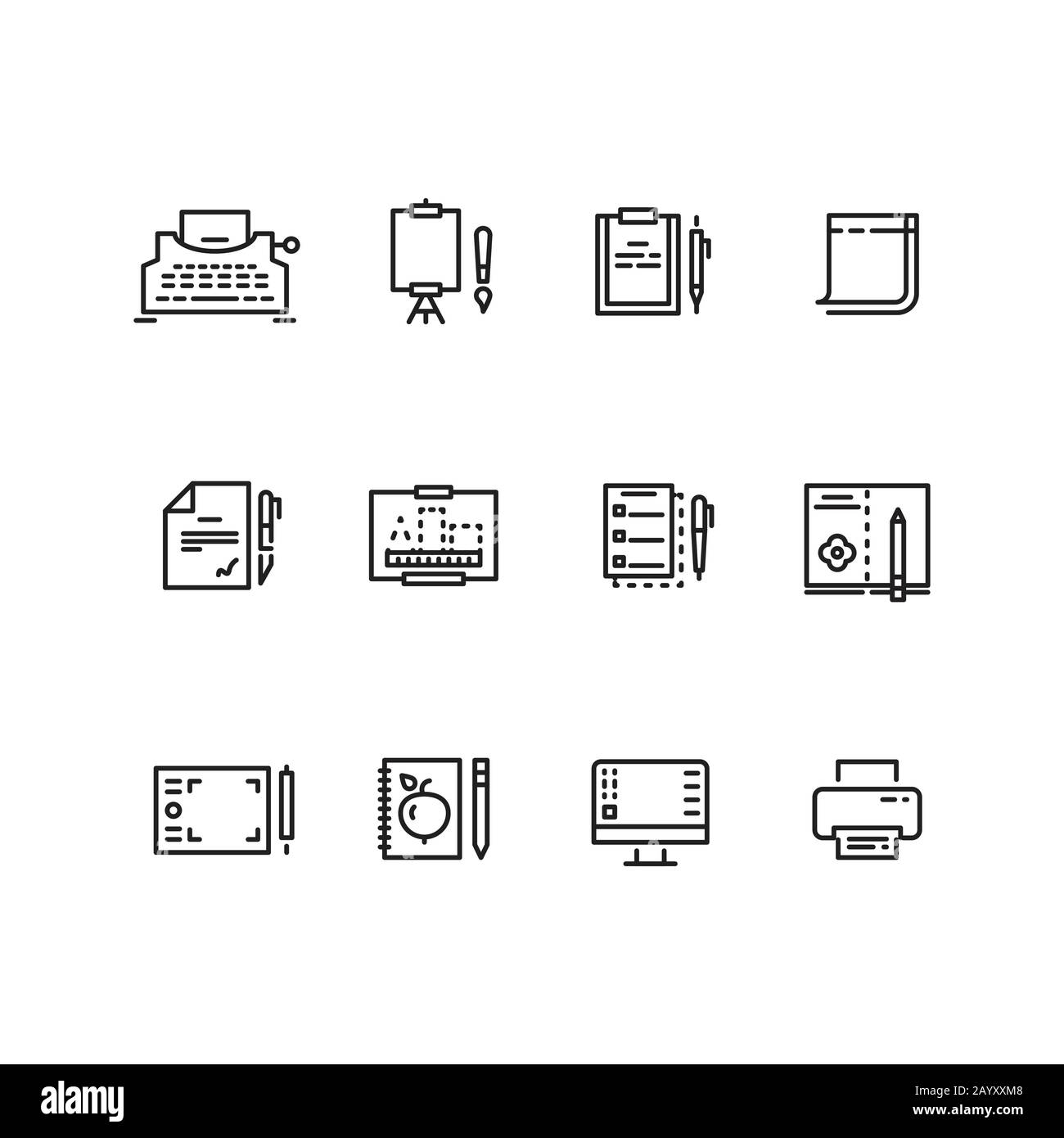 Writing tools linear icons. Tool tablet and pen for writing and drawing