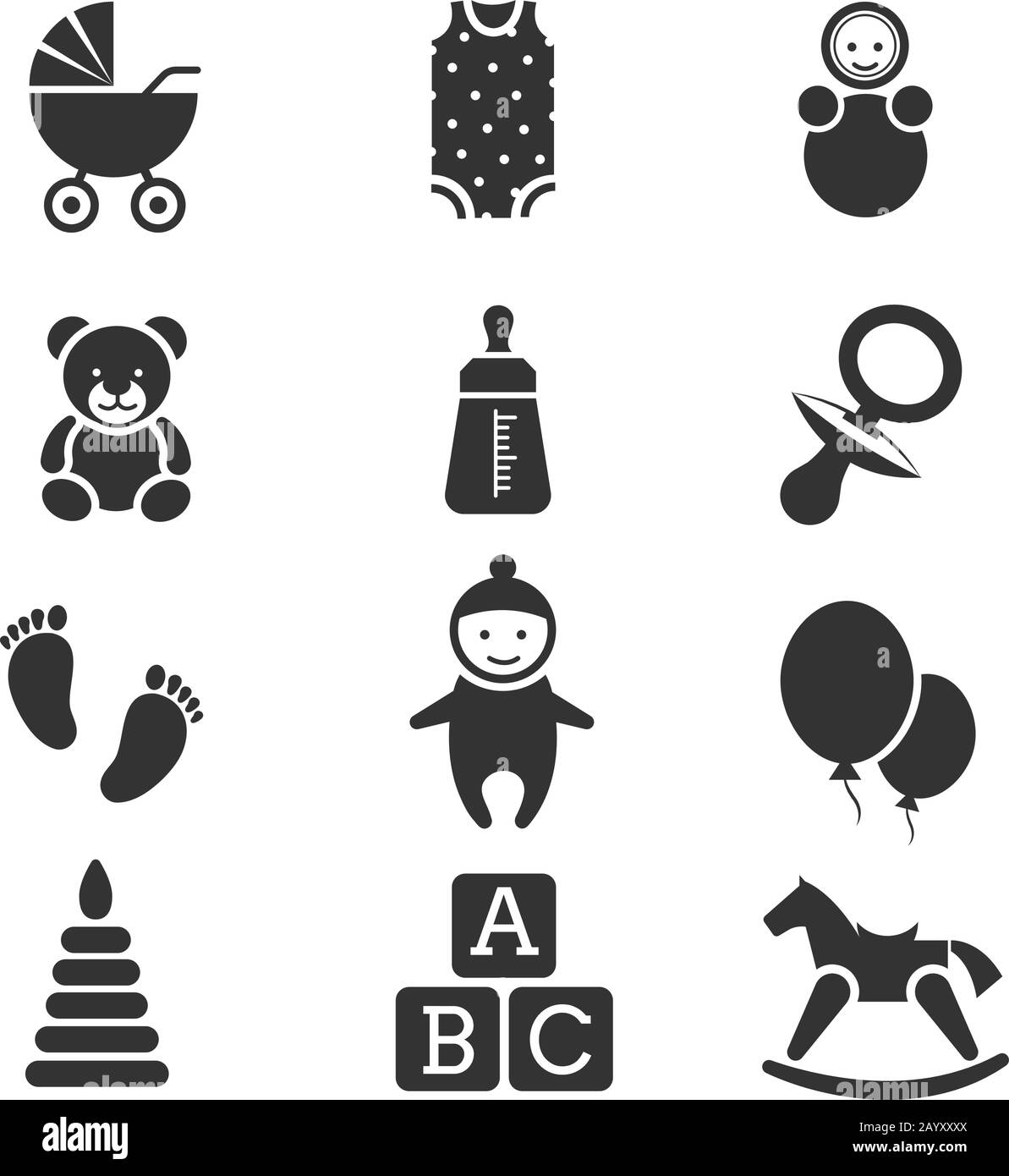 Baby kids vector icons set. Bottle for milk, diaper and teddy bear illustration Stock Vector