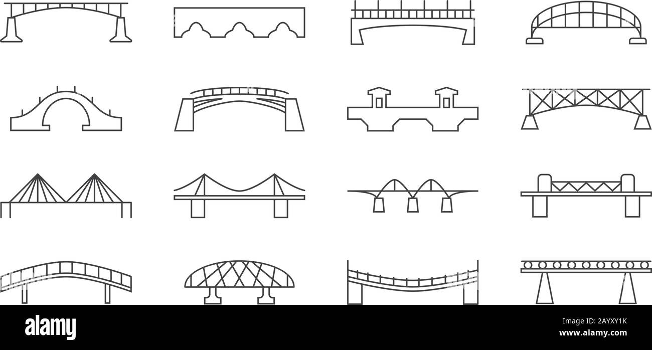 Bridges vector thin line icons. Set of bridge in linear style, illustration of bridges for transport Stock Vector