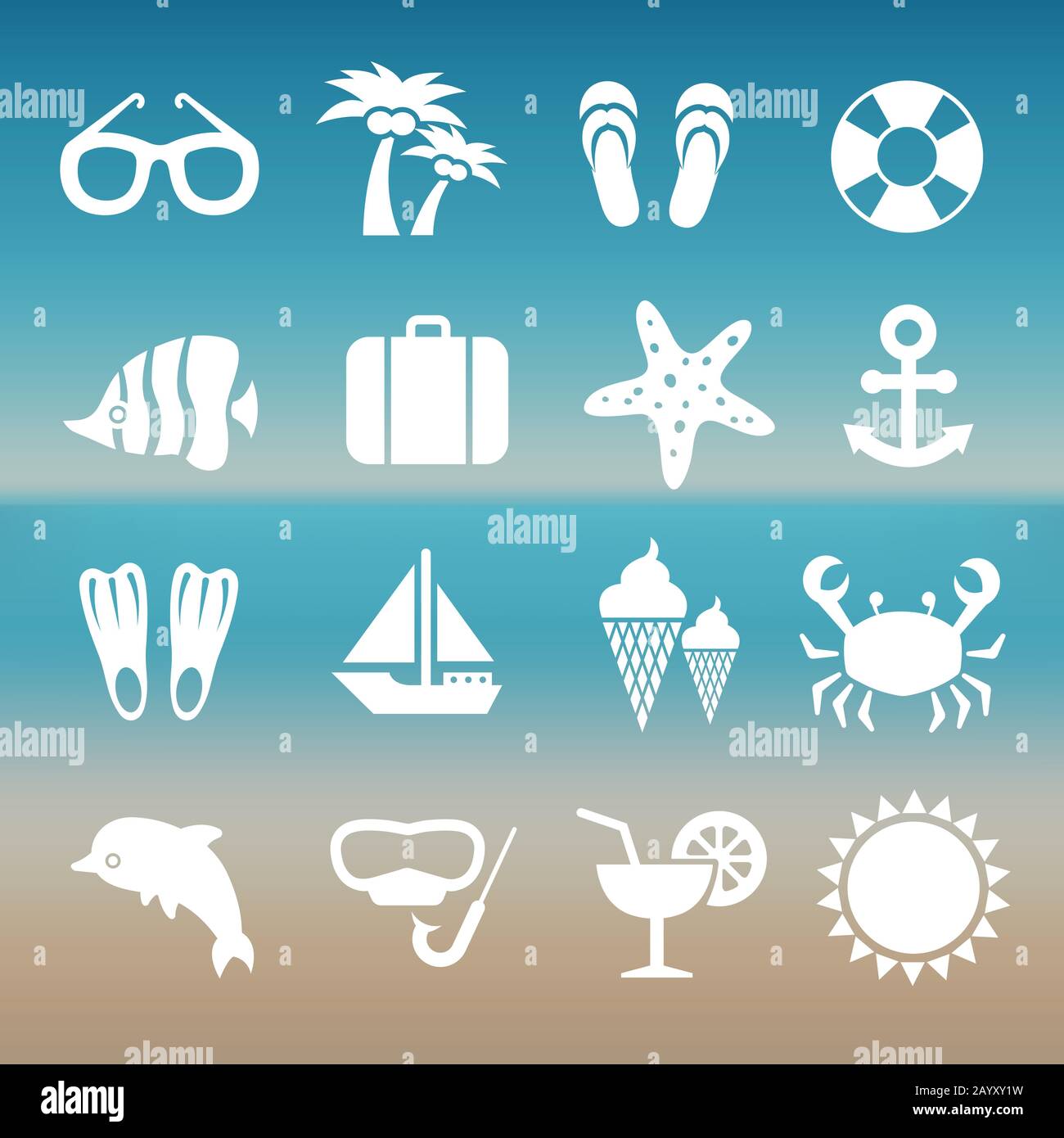 Summer rest traveling tourism vacation time icons. Set of summer travel icons, illustration of white silhouette travel icons Stock Vector
