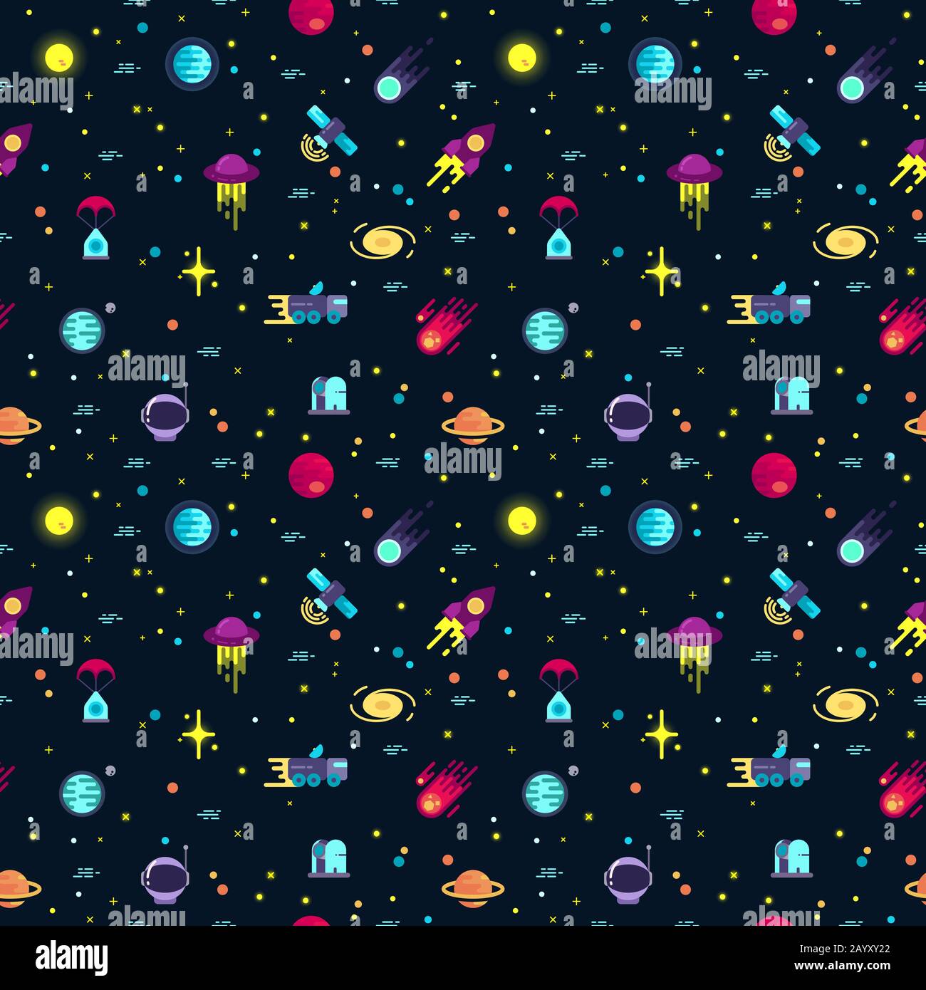 Space vector seamless pattern with planets and spaceships. Spaceship and planet pattern, moonwalker and asteroid backdrop Stock Vector