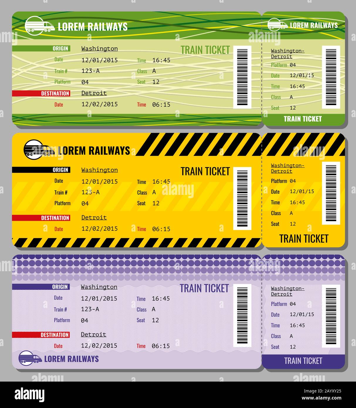 Train vintage travel tickets vector set. Ticket to train and set of illustration to speed train tickets Stock Vector