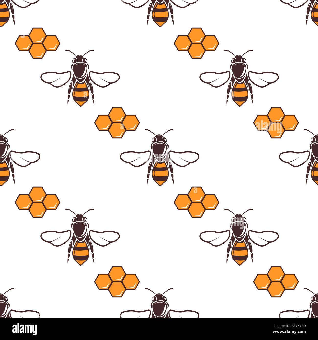 Bees, honey vector seamless pattern in brown and orange. Honeycomb natural background illustration Stock Vector