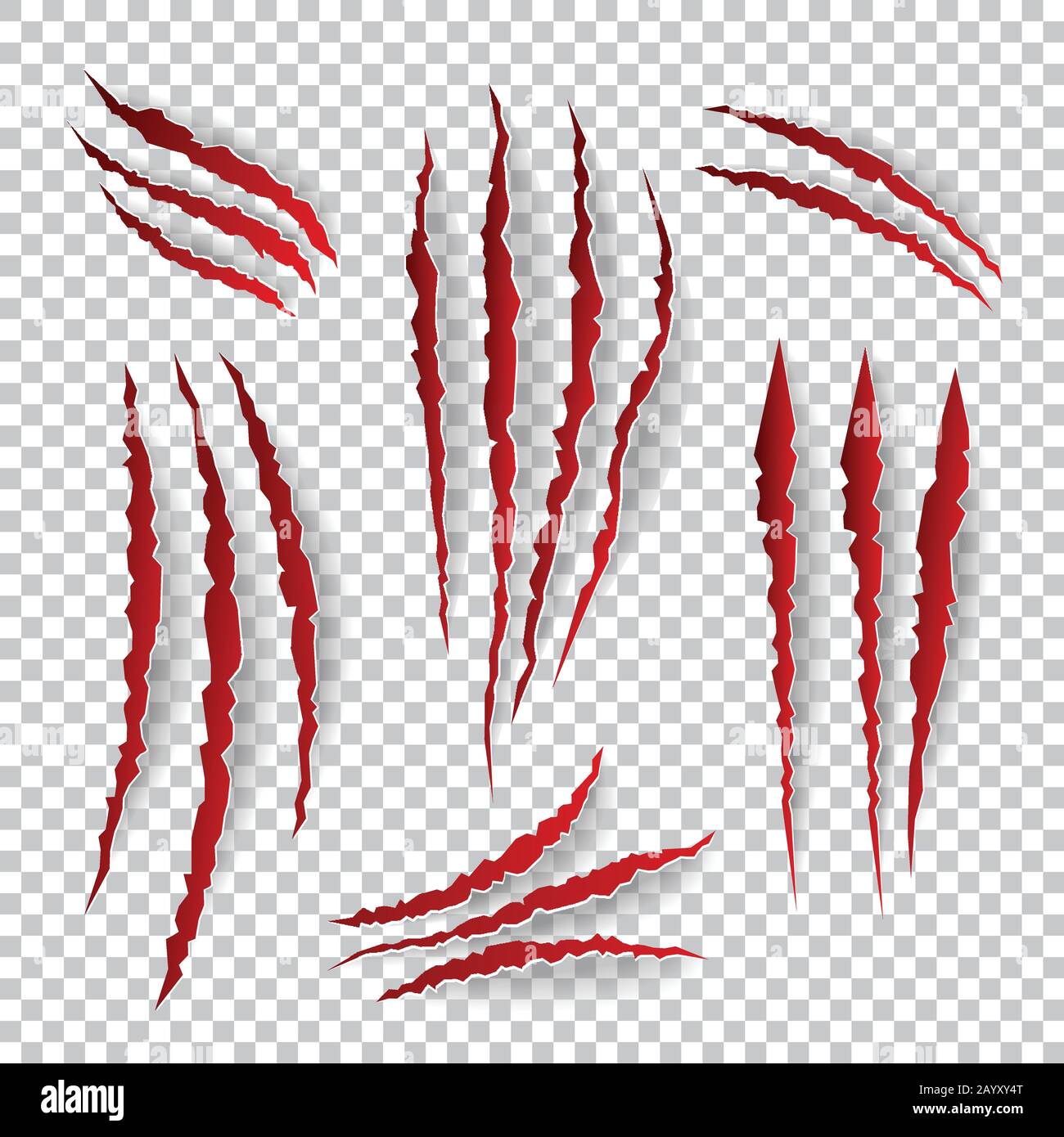 Realistic claw scratches. Vector set on plaid background. Scratch claw animal and illustration shred from claw Stock Vector