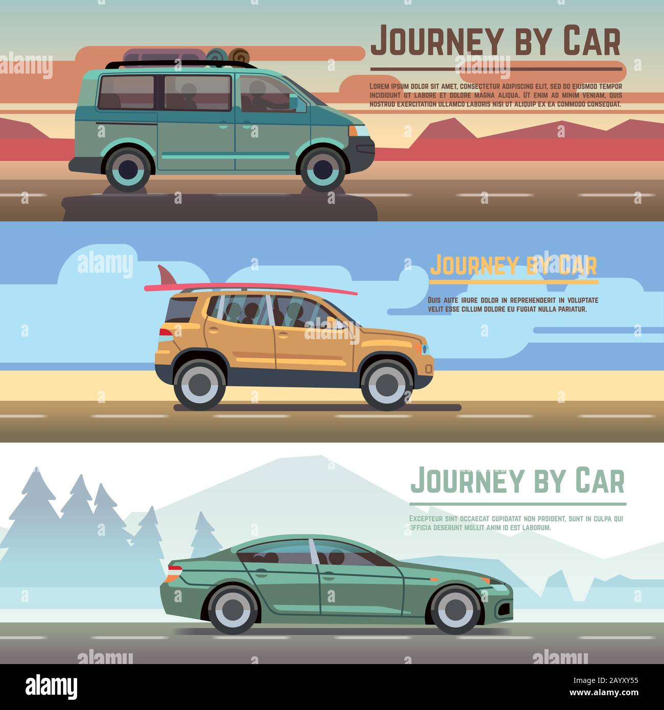 Trailering by car vector banners set. Car on road, auto holiday travel and car journey poster Stock Vector