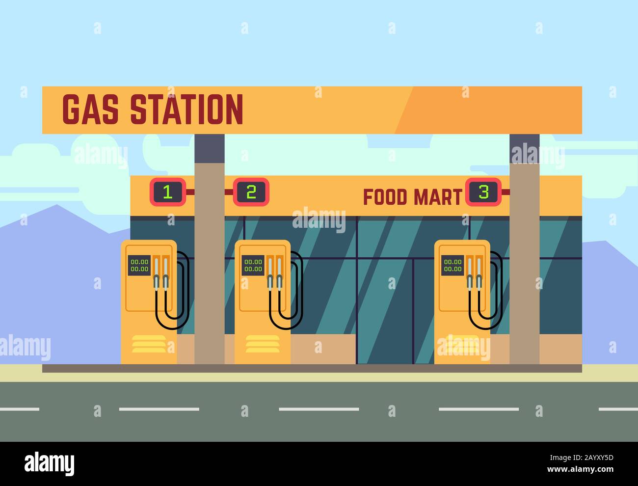 Gas filling station transport related service. Empty gas station on roadside, illustration of gas filling station with food shop Stock Vector