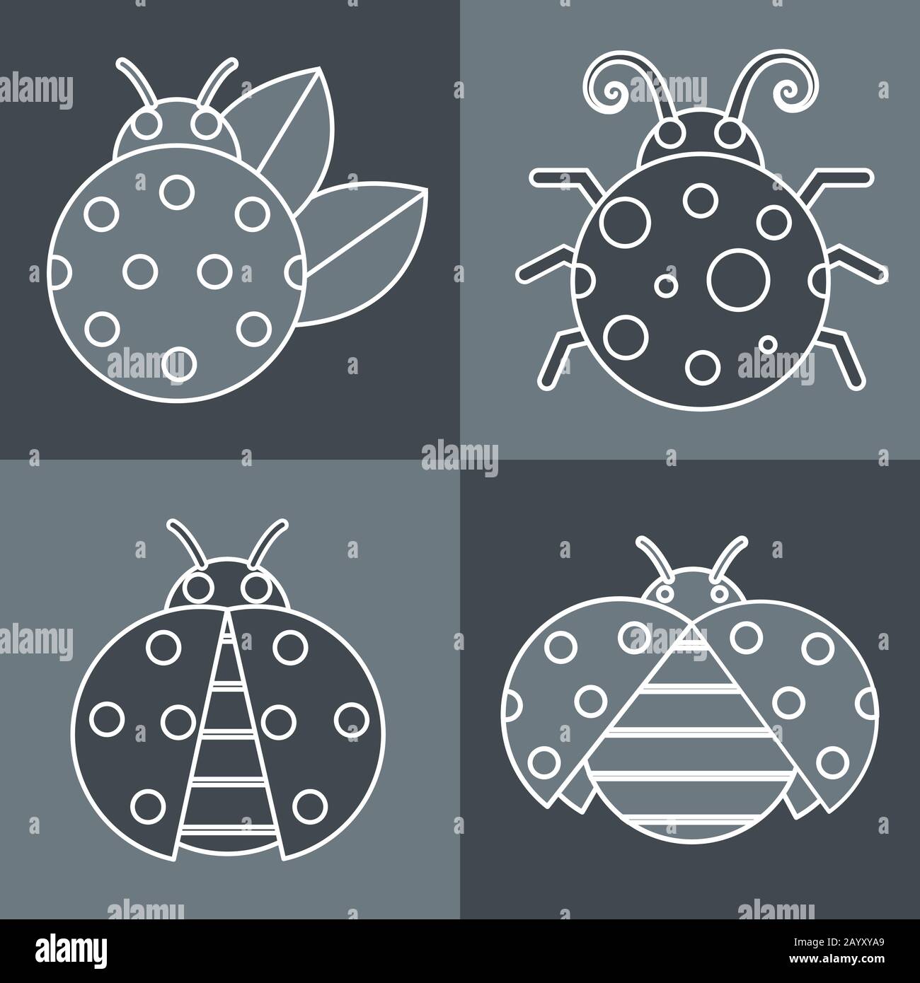Gray ladybug with white stroke on gray background. Vector illustration Stock Vector