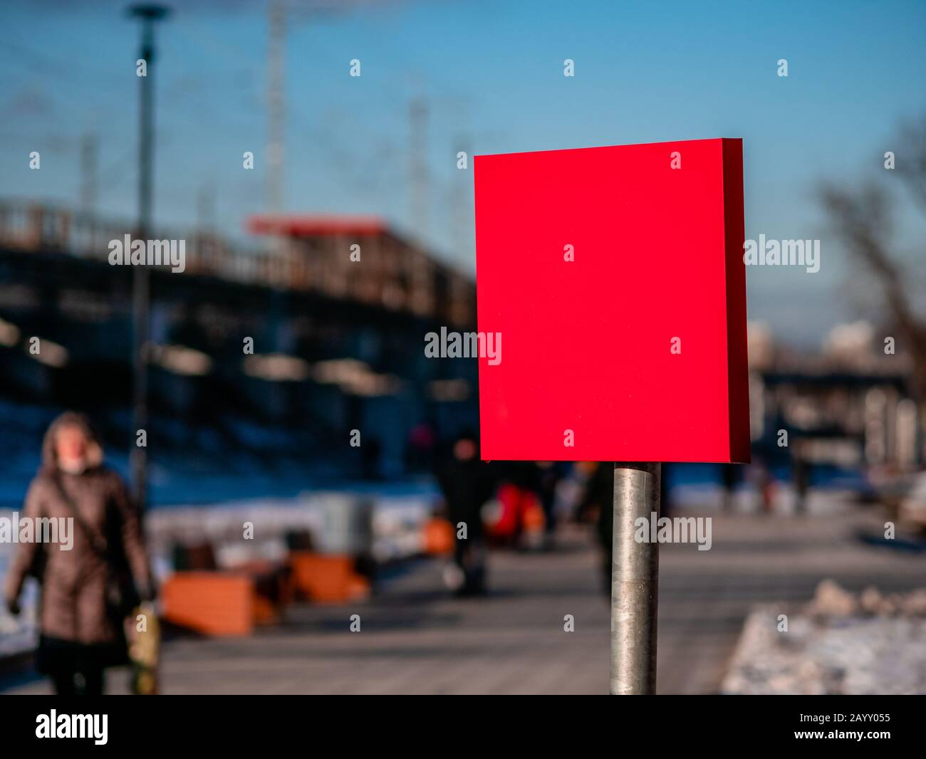 Modern metal red rectangle sign with template blank space to write in