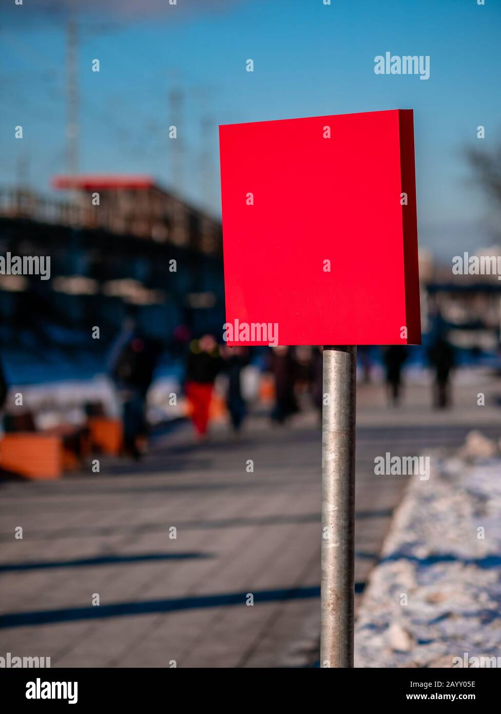Modern metal red rectangle sign with template blank space to write in