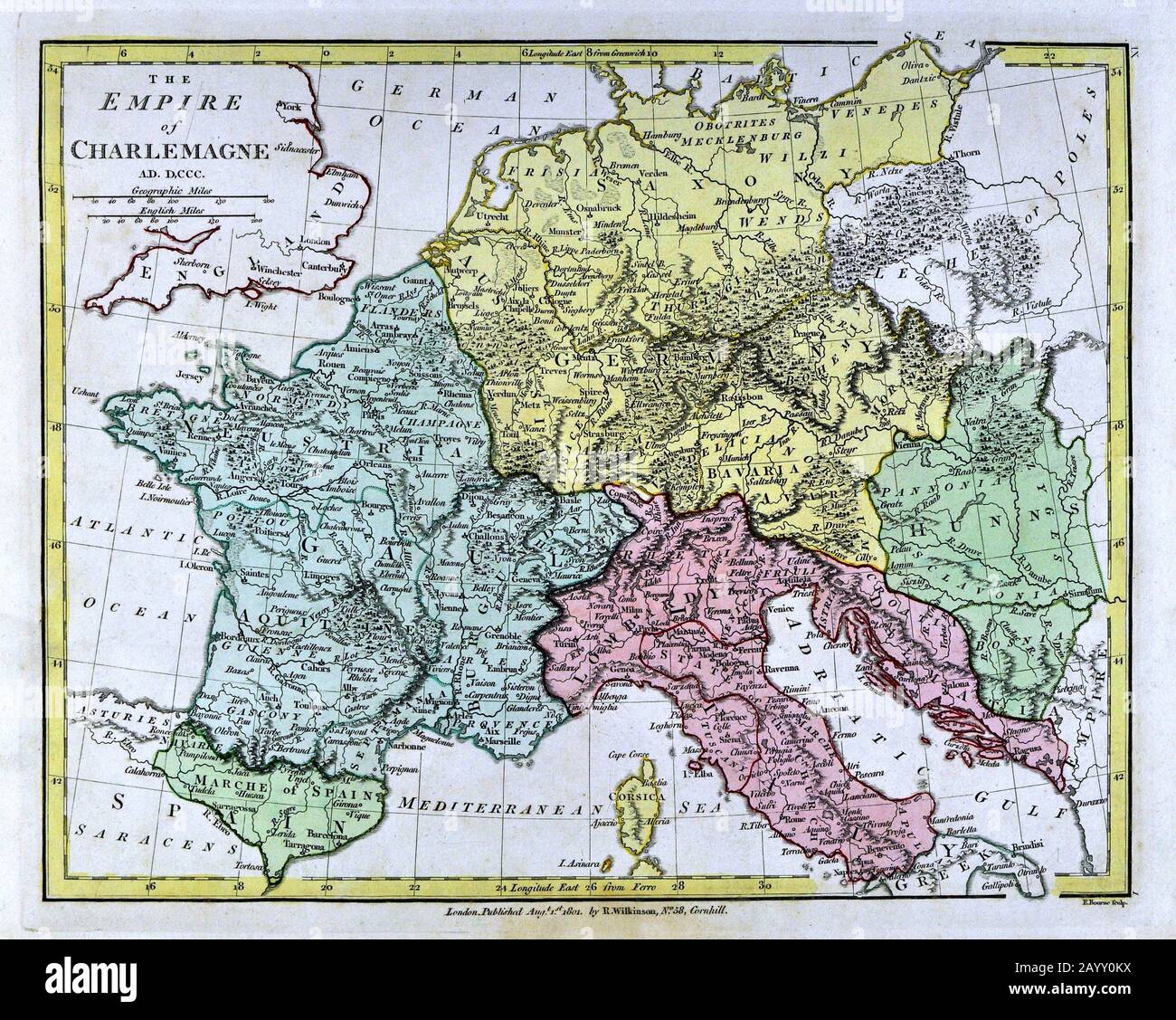 1808 Wilkinson Map Empire of Charlemagne in 800 AD Europe France Germany Italy Stock Photo