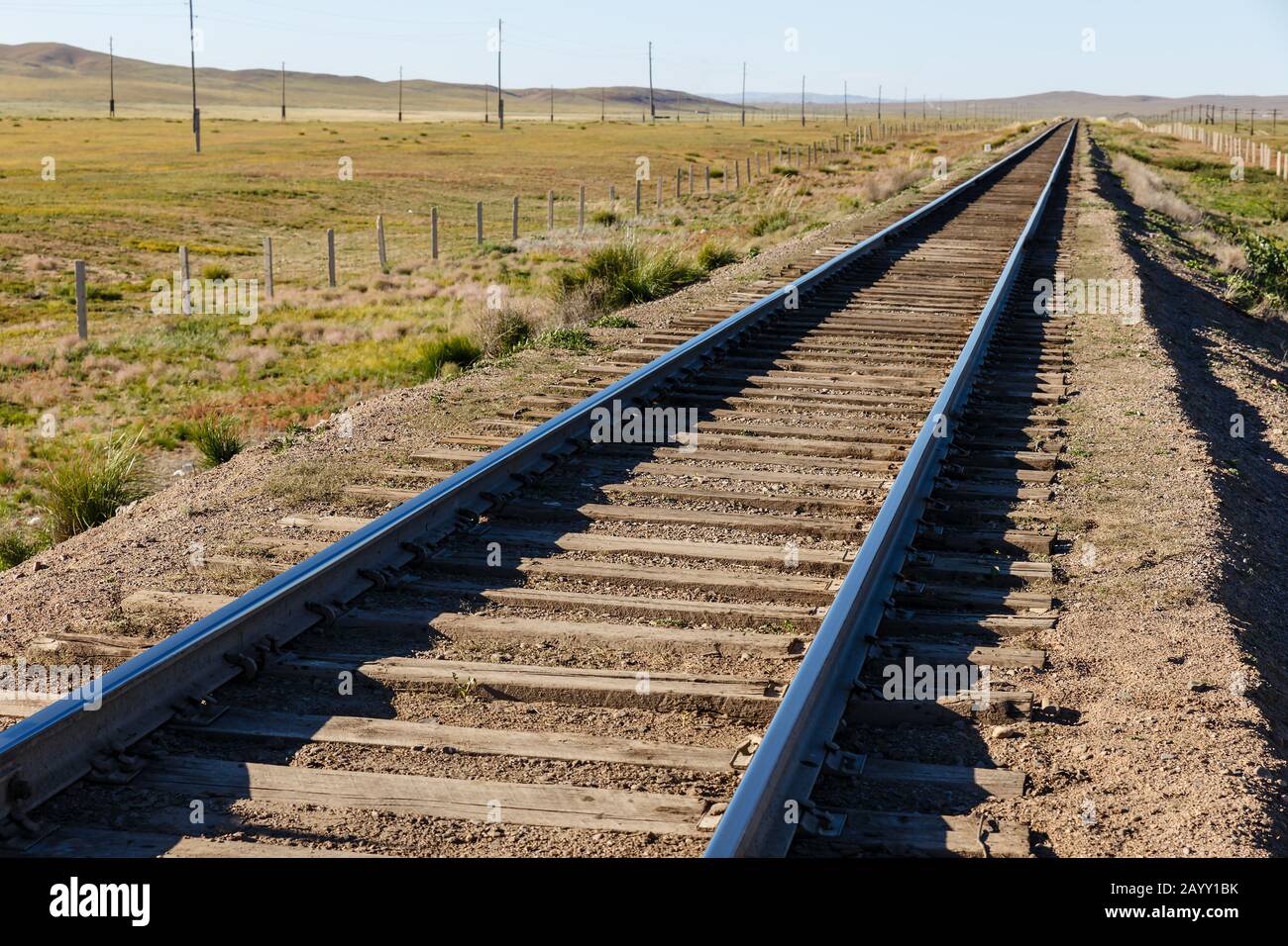 railway in mongolia, Transmongol Railway, single-track railway in steppe, Stock Photo