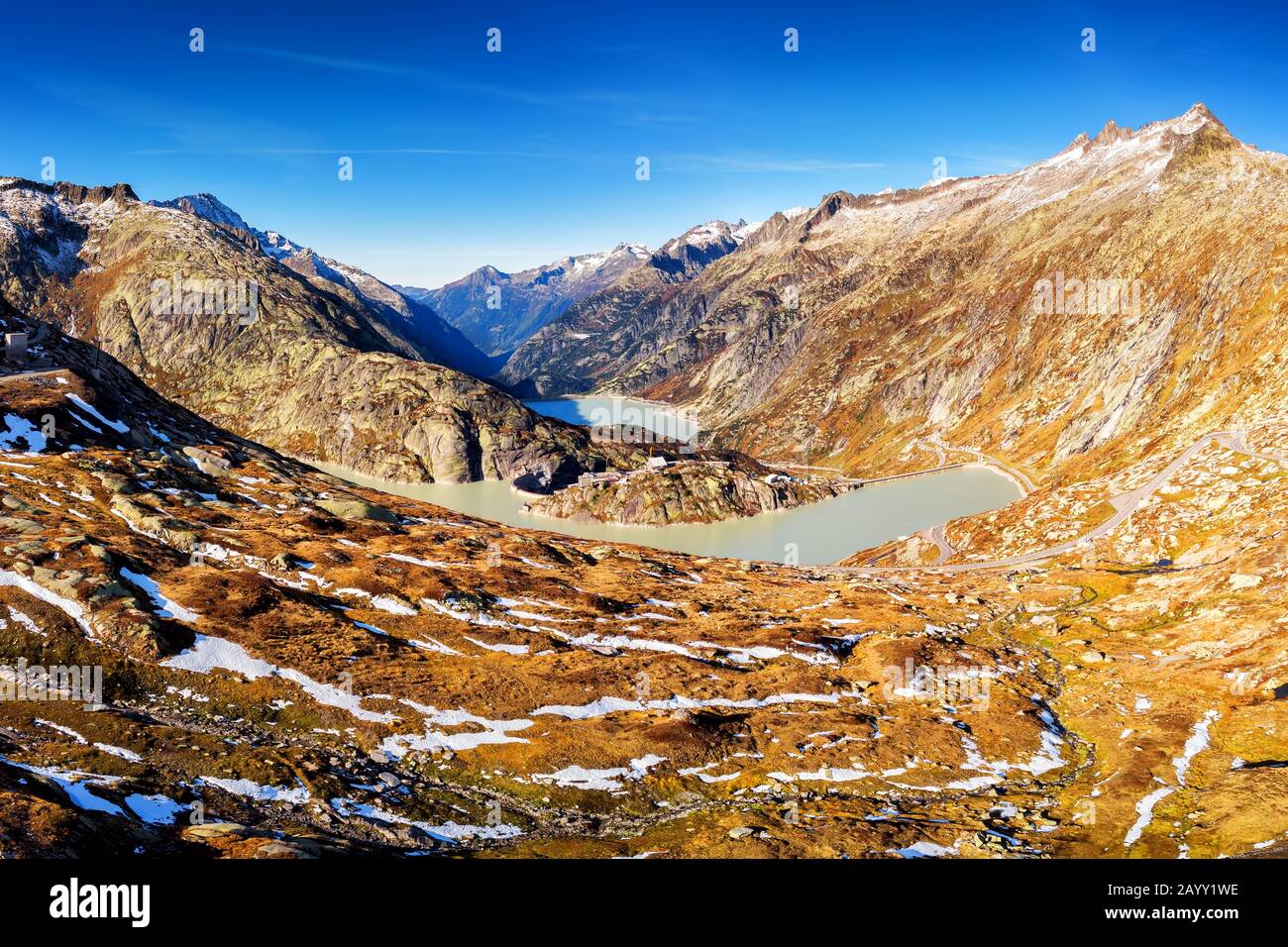 Grimselsee and Ratesichsbodensee on the Grimsel Pass in Switzerland, canton Valais, Switzerland, Europe. Stock Photo