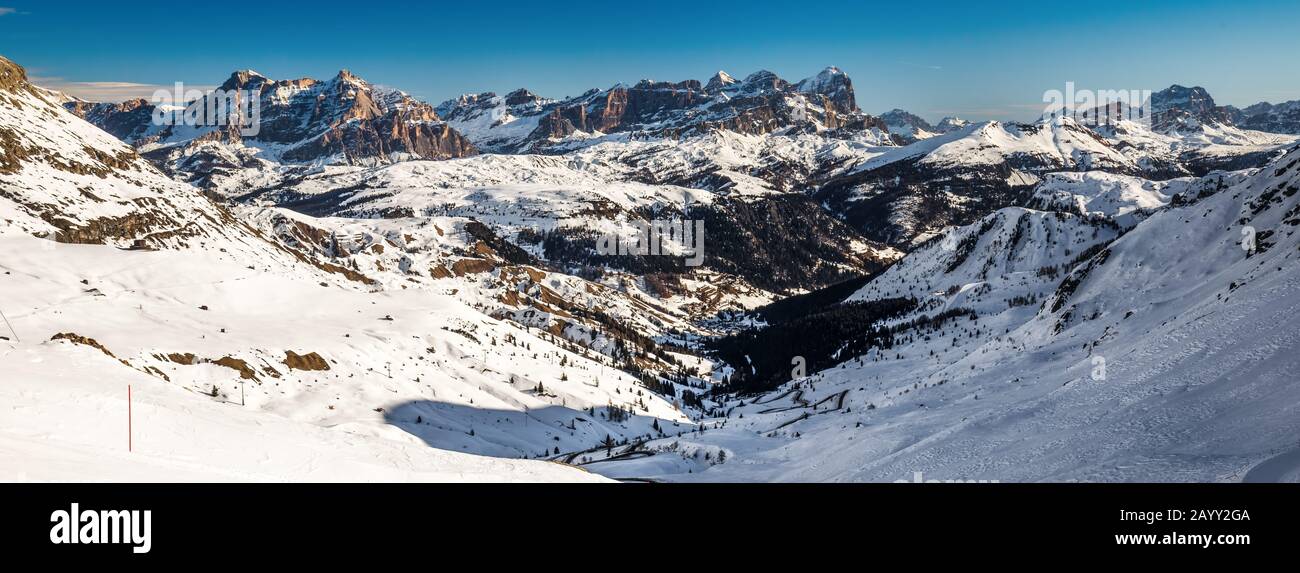 Dolomity superski mountain resort and passo Pordoi, Italy Stock Photo