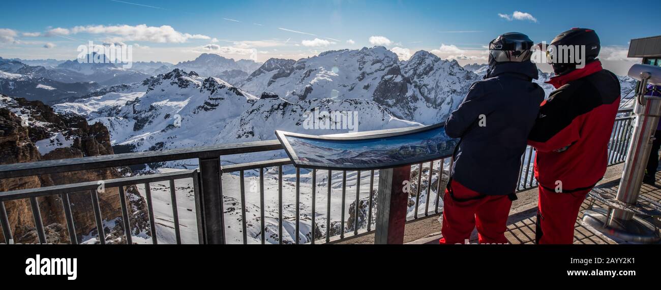 View to Passo pordoi mountain pass and Marmolada, Dolomites, Italy, Europe. Stock Photo