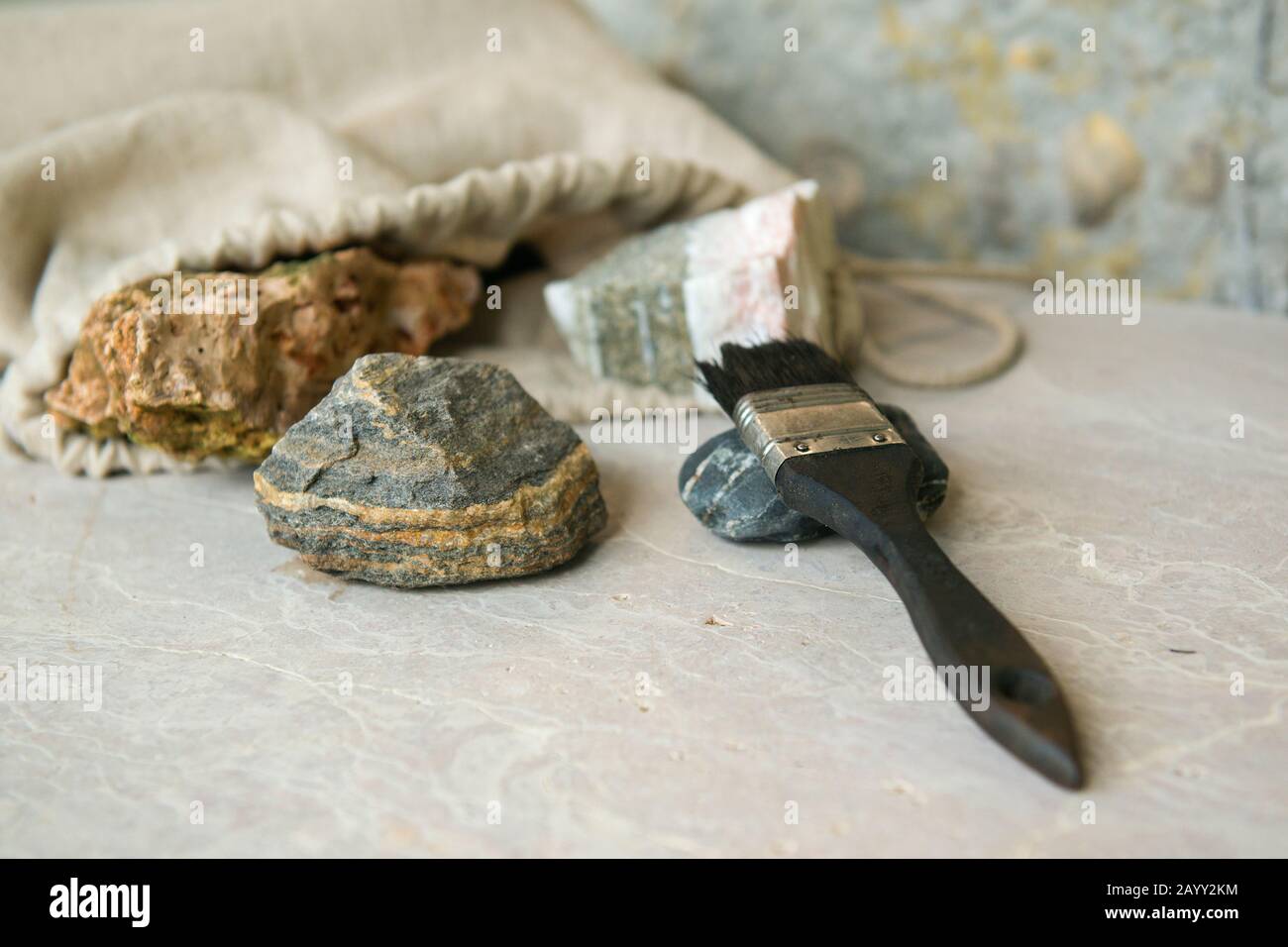 Stone samples at geological laboratory. Geology rock laboratory. Laboratory for the analysis of geological soil materials, stones, minerals, rocks Stock Photo