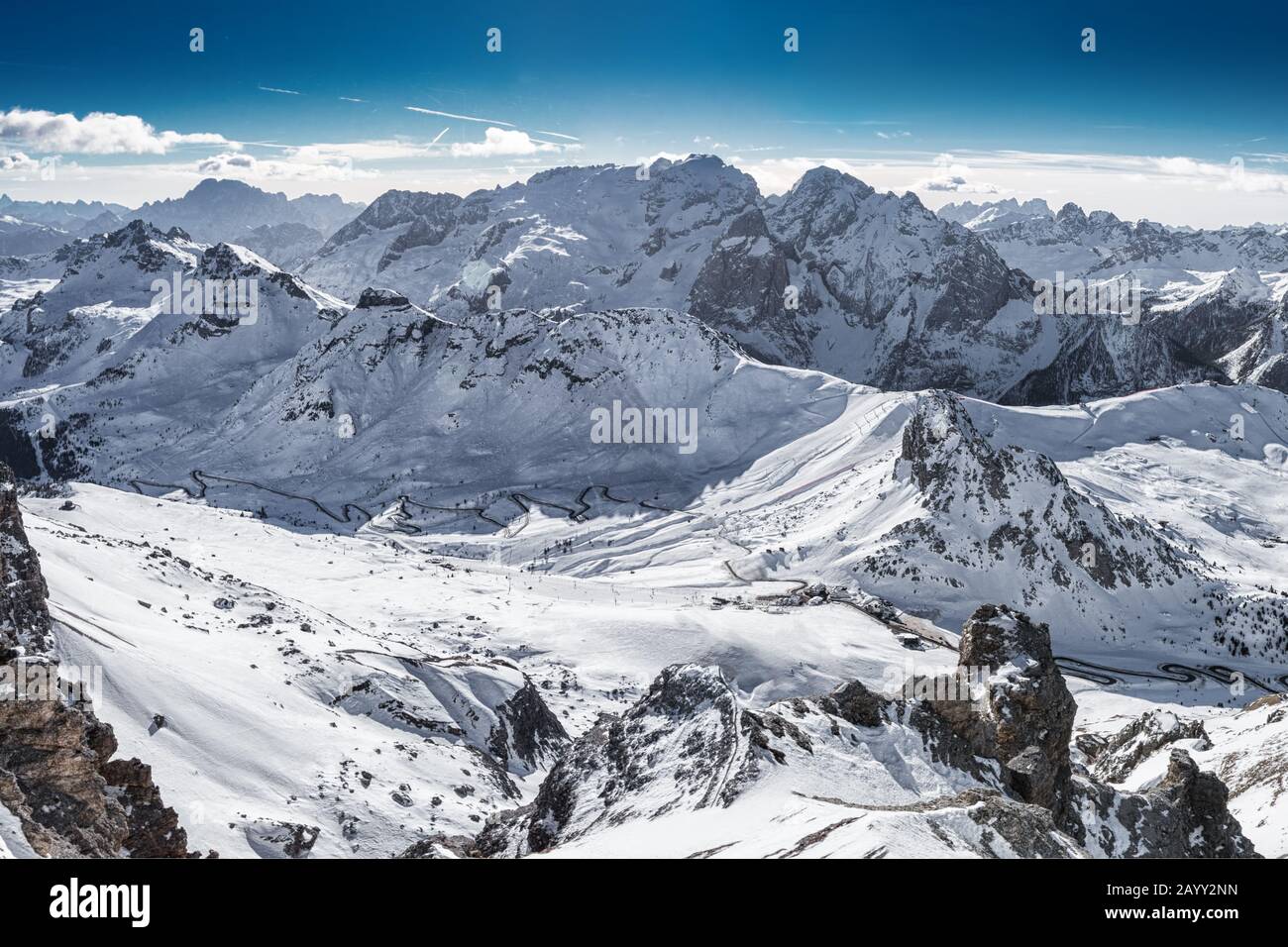 View to Passo pordoi mountain pass and Marmolada from Saas Pordoi, Italy, Europe. Stock Photo