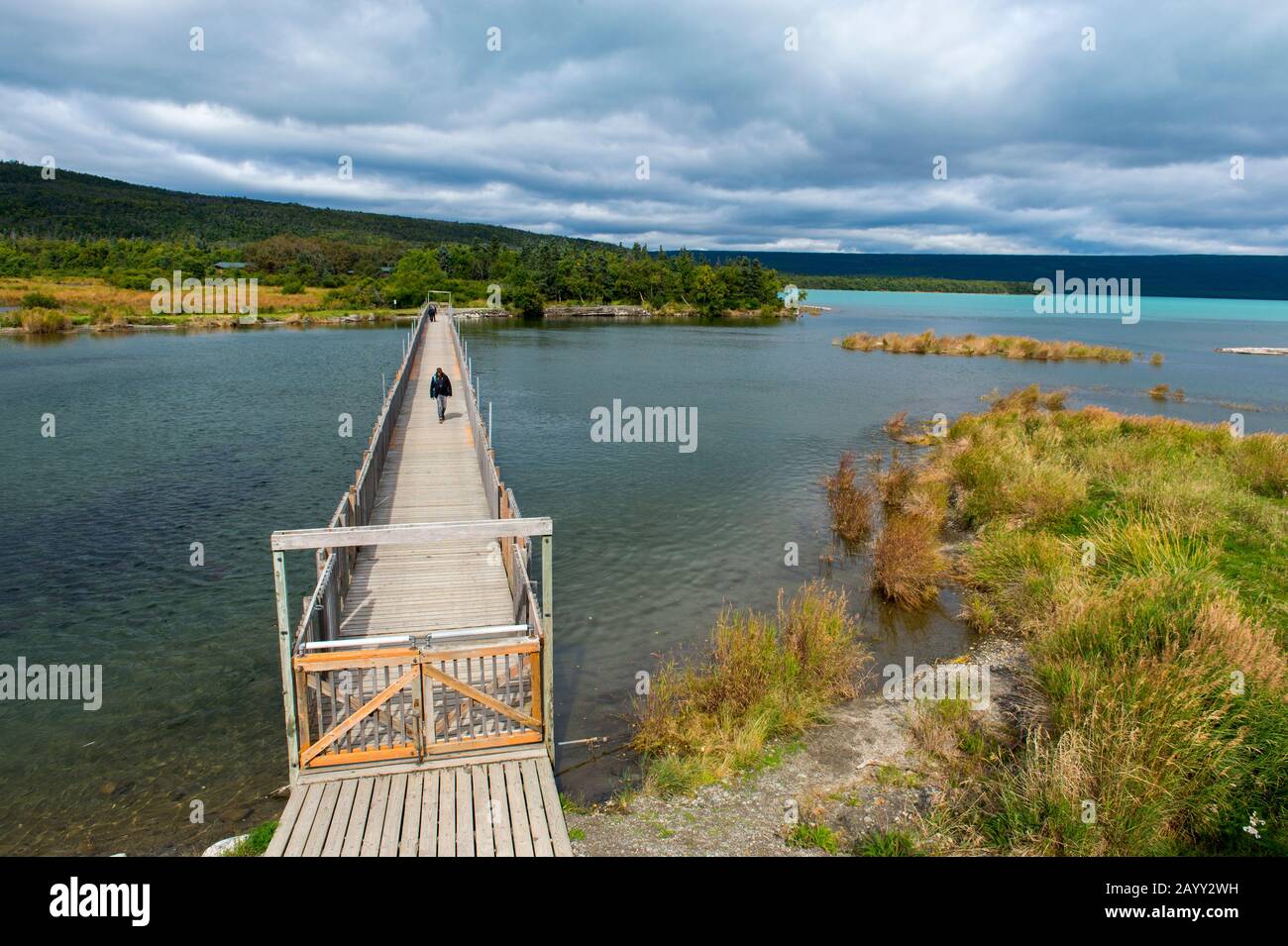View of the floating bridge at Katmai National Park and Preserve at Brooks Falls on the Katmai Peninsula in Alaska, USA. Stock Photo