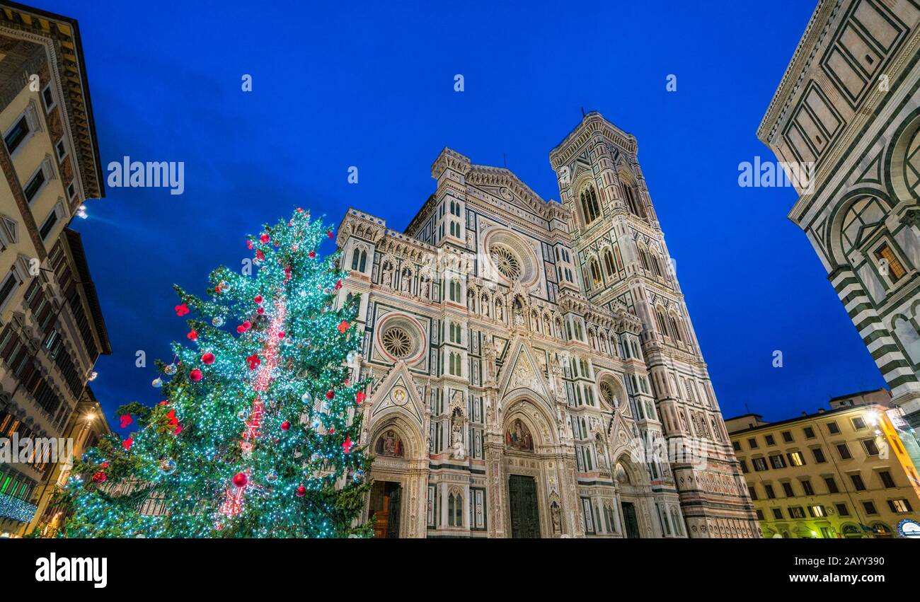 Florence during Christmas time, with the Cathedral of Santa Maria del Fiore and the Christmas Tree. Tuscany, Italy. Stock Photo