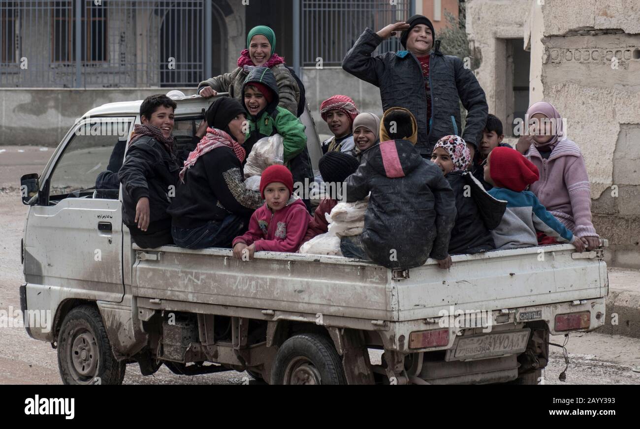 Road trip with Kids in Al-Mliha in the eastern ghouta of Damascus - Syria Stock Photo