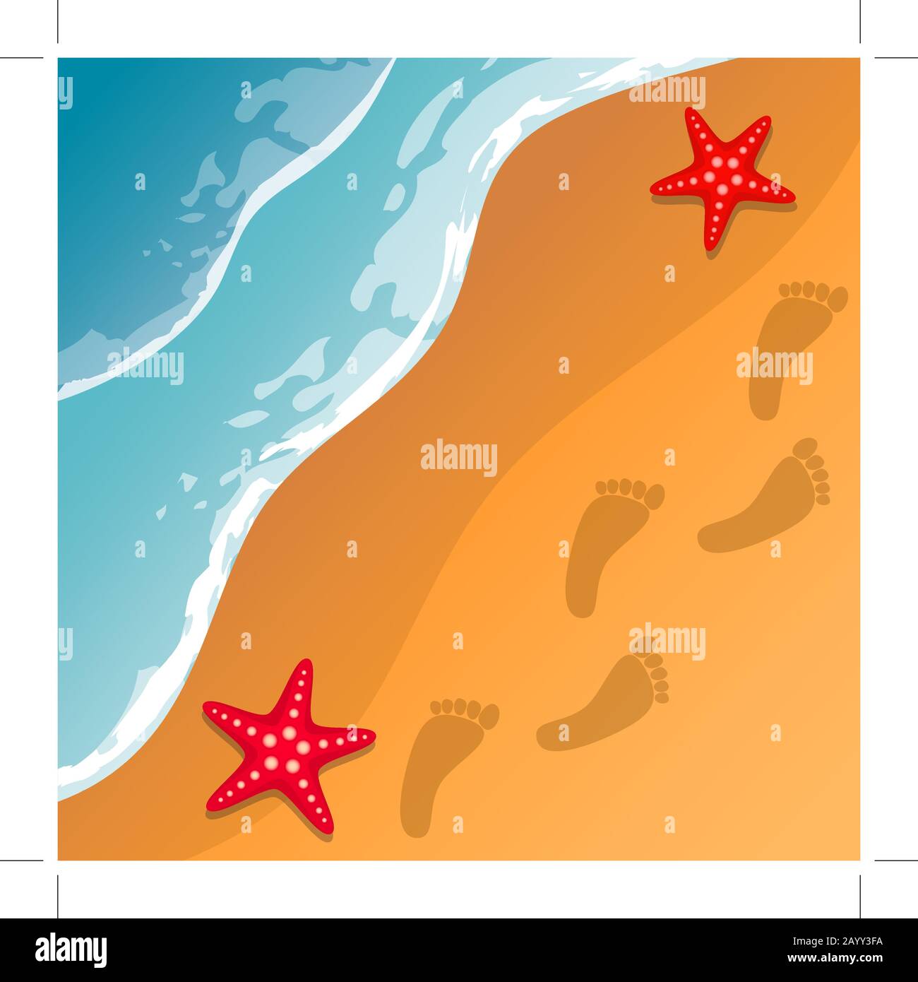 Beach background. Sea shore. The waves and sand. Sea stars. Traces of feet in the sand. Vector . Stock Vector