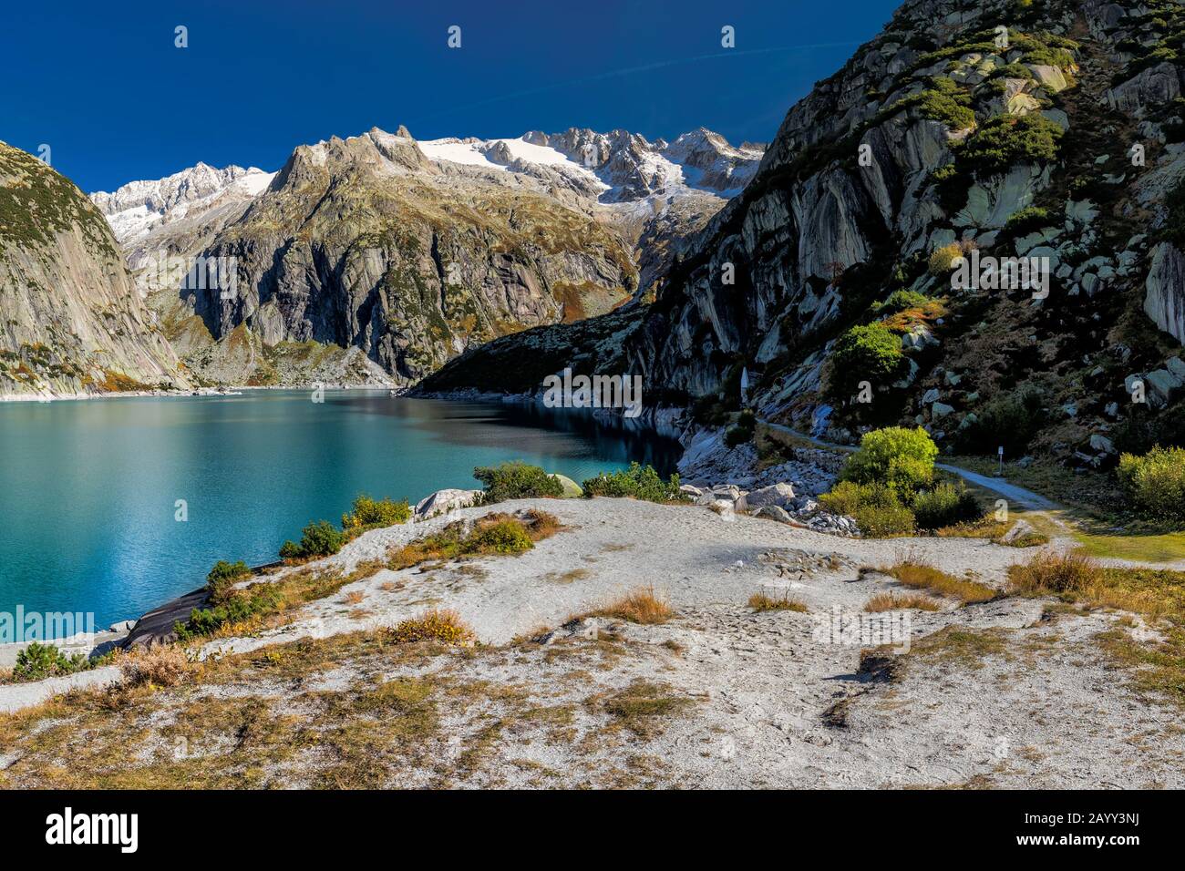 Gelmer Lake near by the Grimsel pass in Swiss Alps, Gelmersee, Switzerland, Bernese Oberland, Switzerland. Stock Photo