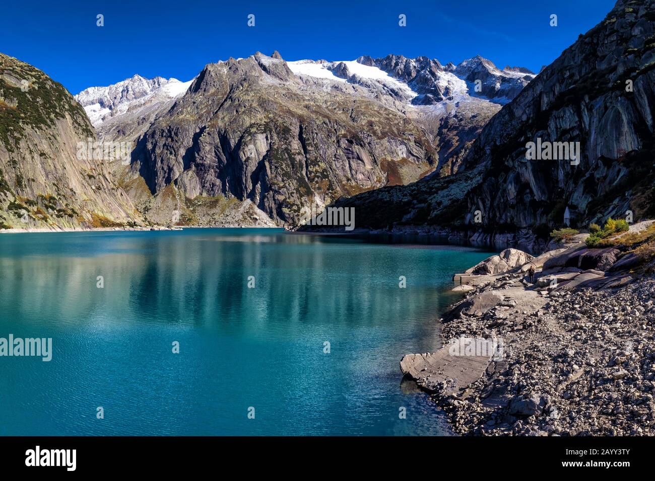 Gelmer Lake near by the Grimsel pass in Swiss Alps, Gelmersee, Switzerland, Bernese Oberland, Switzerland. Stock Photo