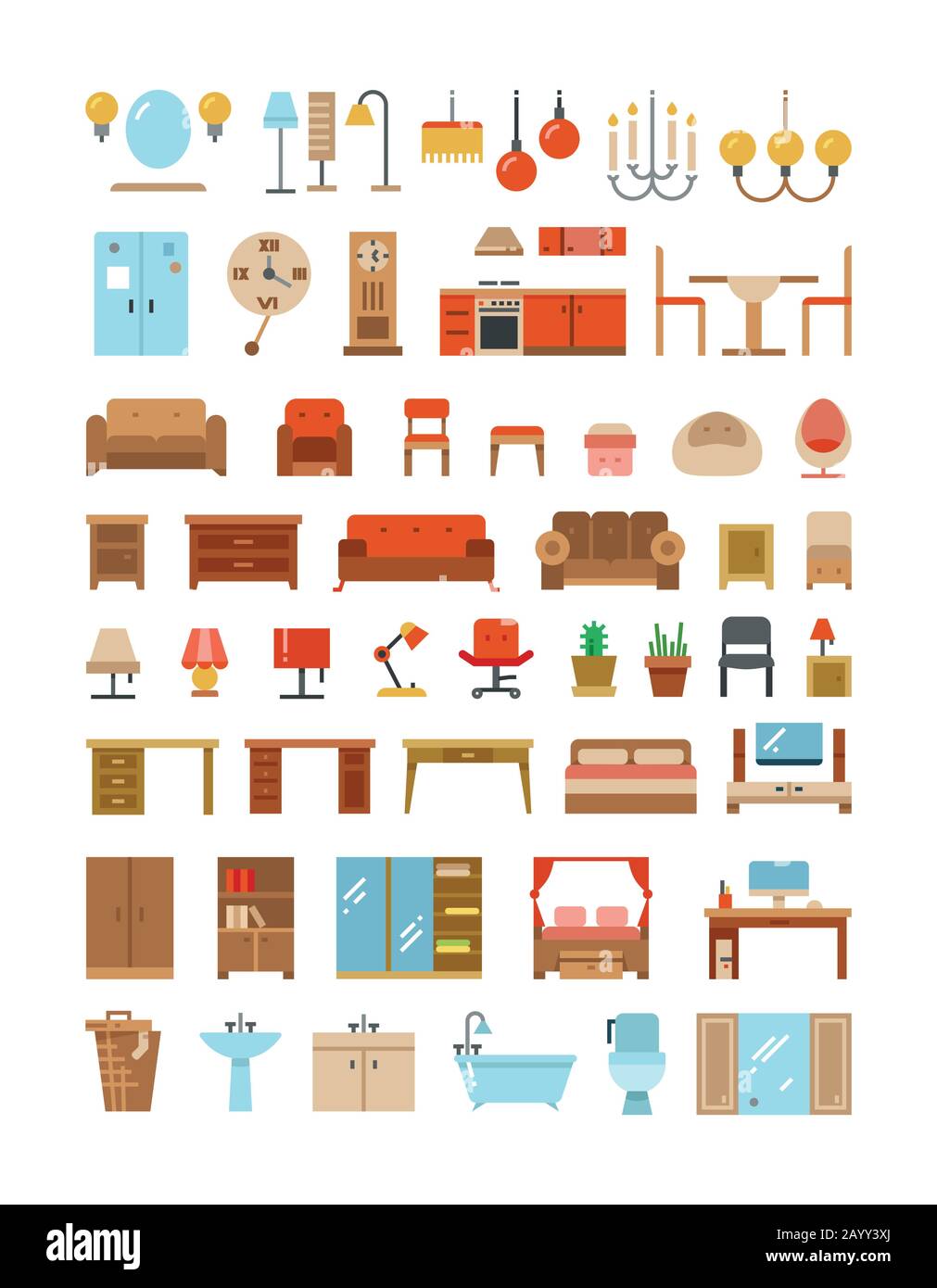 Home and office furniture interiors flat icons set. Furniture for home and office, furniture table sofa and armchair. Vector illustration Stock Vector