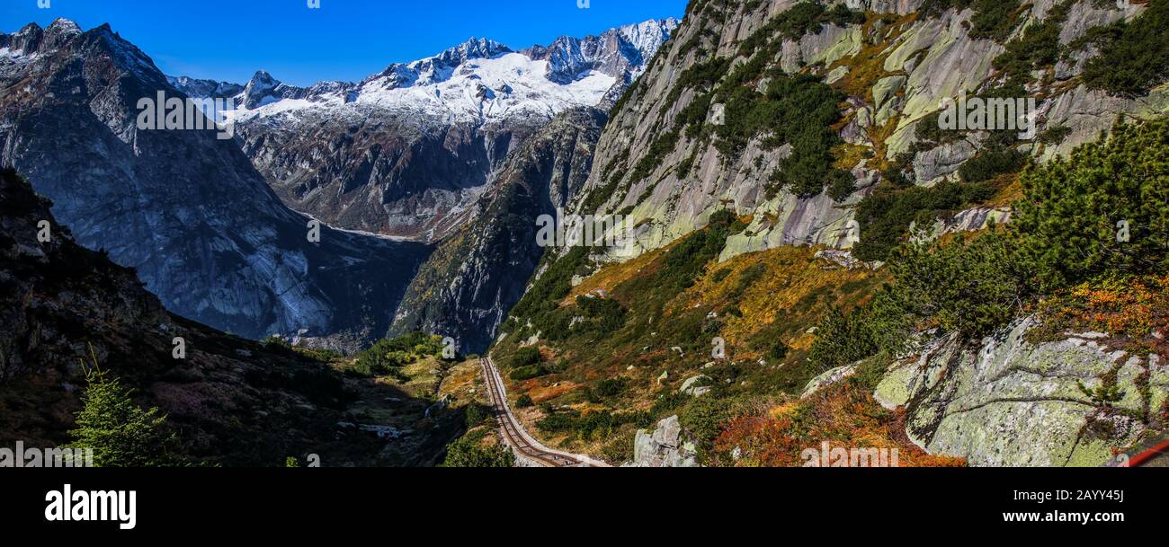 HANDEGG, SWITZERLAND - October 2019 - Gelmerbahn near by the Grimsel pass in Swiss Alps, Gelmersee, Switzerland, Bernese Oberland, Switzerland. Stock Photo