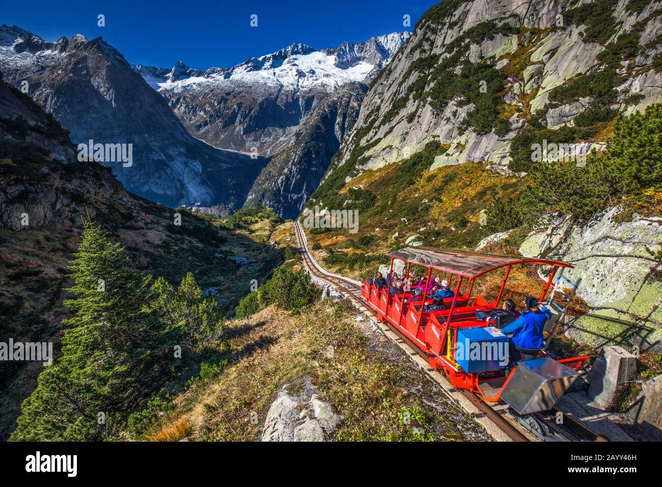 HANDEGG, SWITZERLAND - October 2019 - Gelmerbahn near by the Grimsel pass in Swiss Alps, Gelmersee, Switzerland, Bernese Oberland, Switzerland. Stock Photo