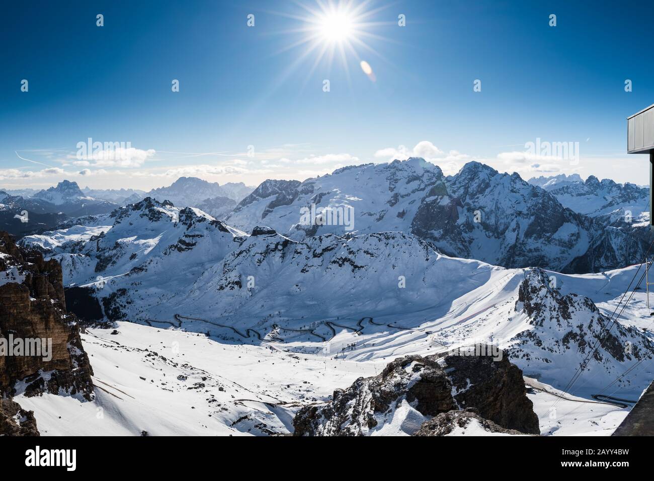 View to Passo pordoi mountain pass and Marmolada from Terrazza Delle Dolomiti located between Arabba and Canazei, Italy, Europe. Stock Photo