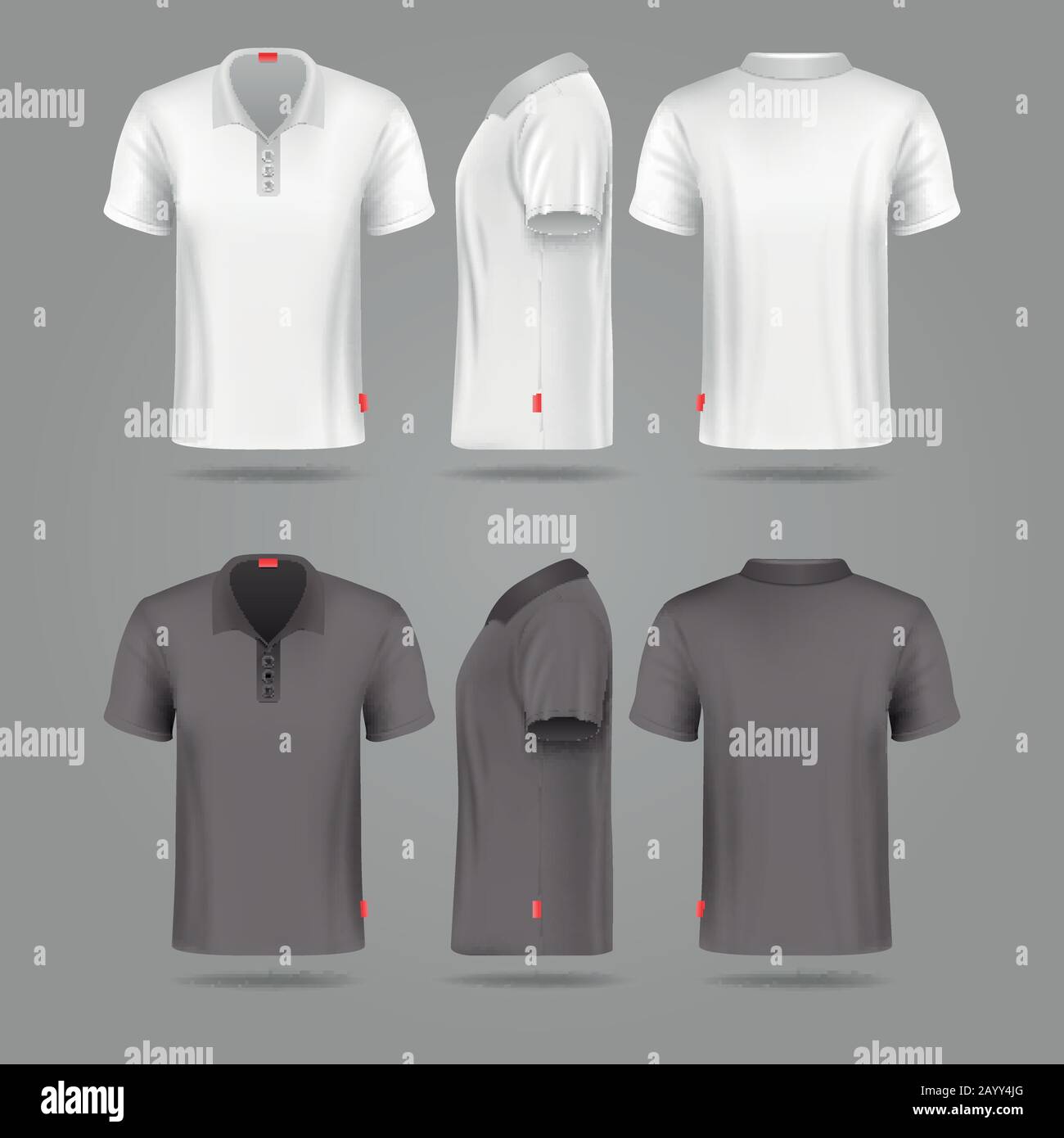 White black mens polo t-shirt front back and side views vector mockups. Template fashion tshirt for sport illustration Stock Vector