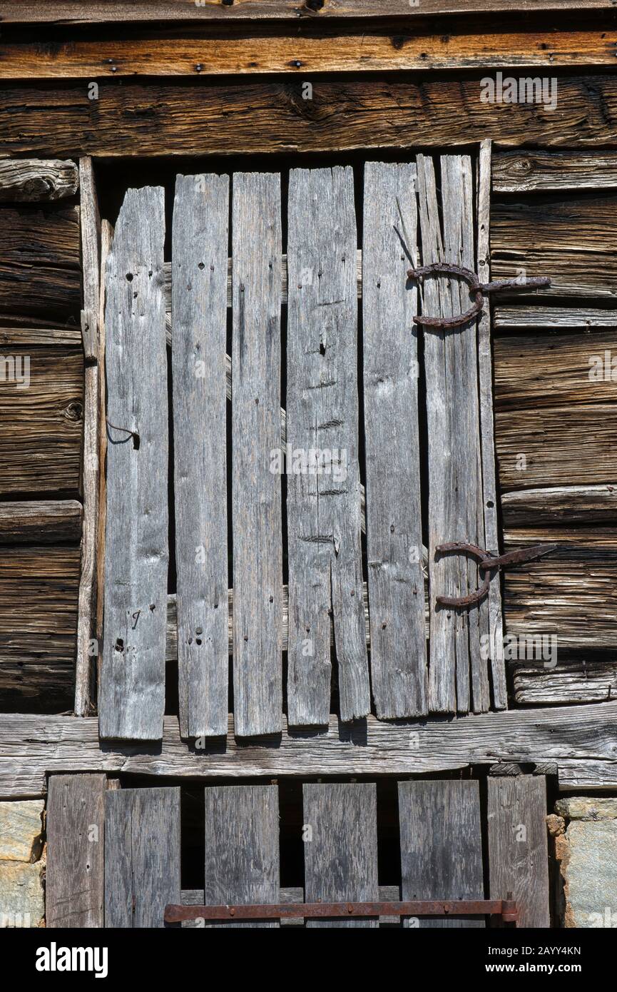 Detail of a door of a log building at the Mountain Farm Museum, which has a unique collection of historic log buildings assembled from locations throu Stock Photo