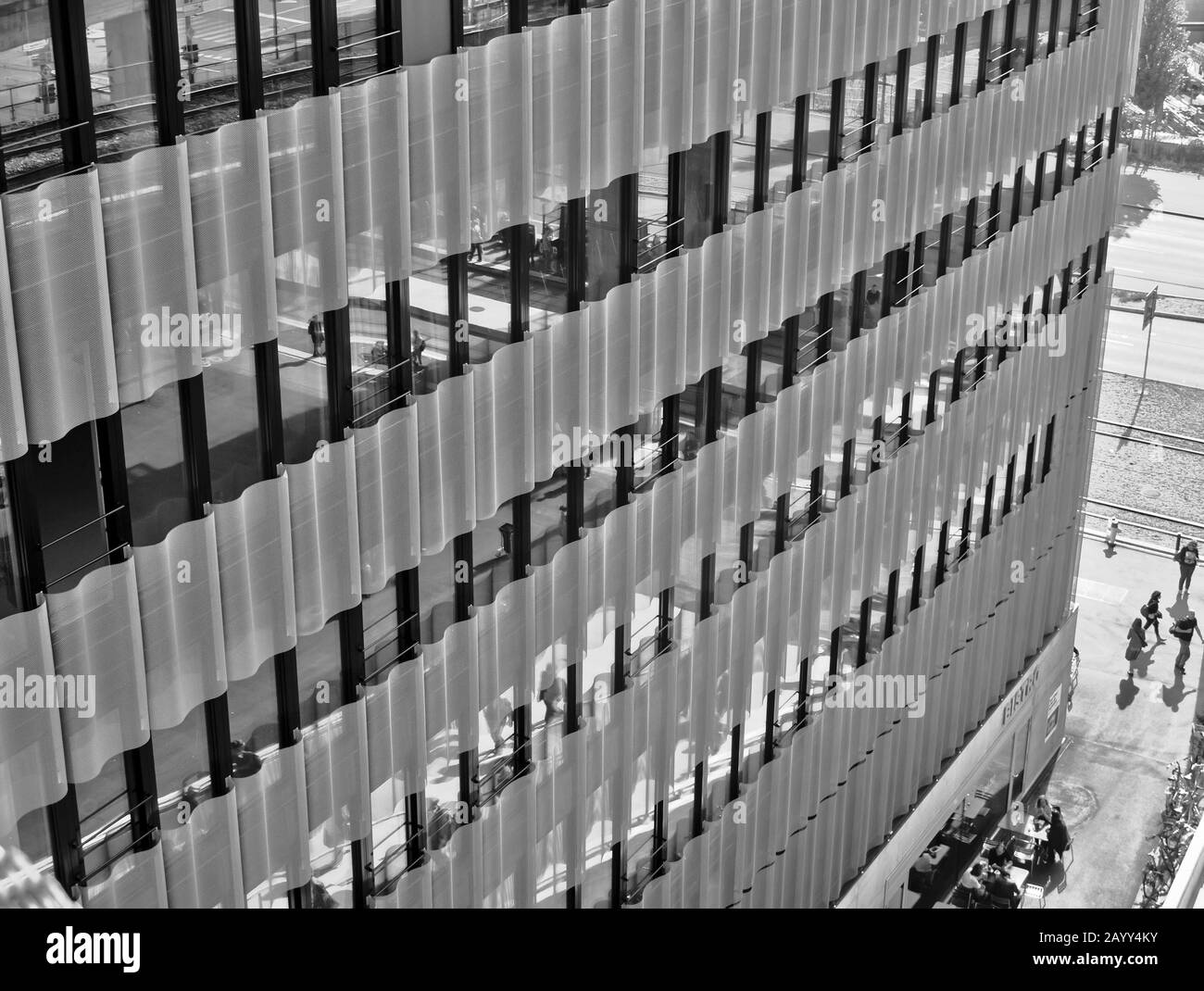 Black&White capture of the facade of the Zürcher Hochschule der Künste from above Stock Photo