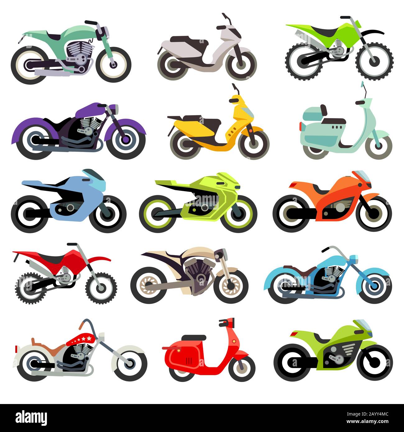 Classic motorcycle motorbike flat vector icons. Set of speed motorcycle, illustration set of motobike for transportation Stock Vector