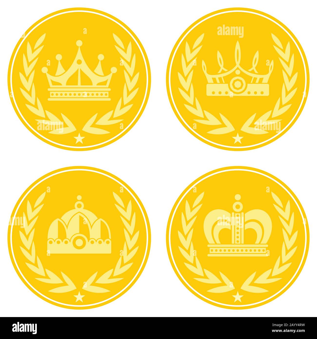 Yellow coin icons with crown on white background. Golden coin icon, vector illustration Stock Vector
