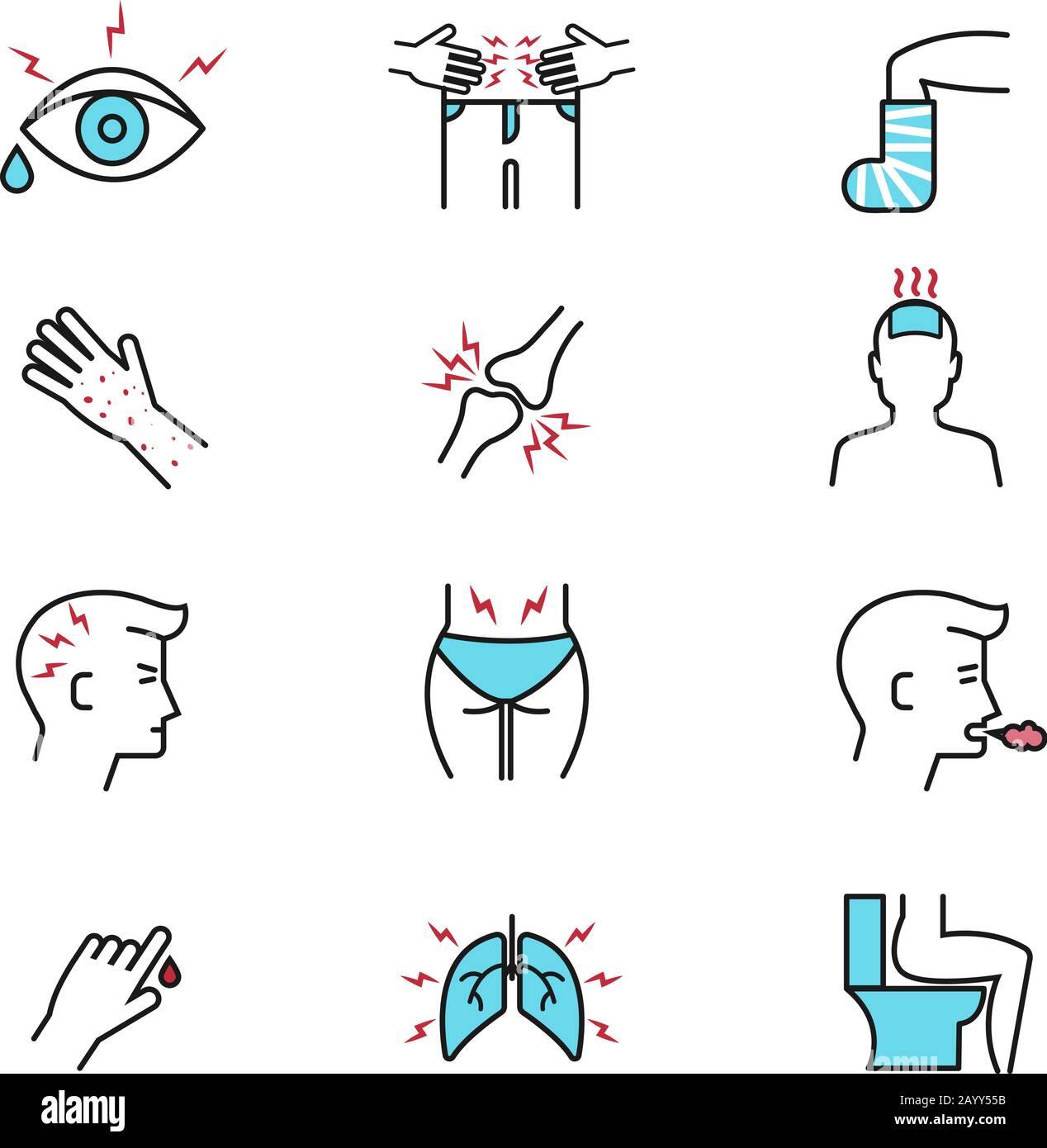 Illness and diseases symptoms vector outline icons with flat elements. Diagnosis symptom and unhealthy sickness influenza, symptom of diseases illustration Stock Vector