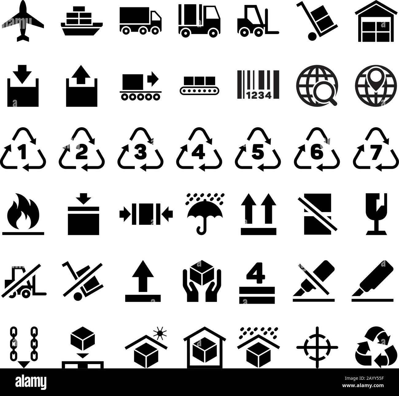 Logistic delivery packing sign and transportation industry packing icons. Packing and keep sticker, shipping packing merchandise to plane ship or car. Vector illustration Stock Vector