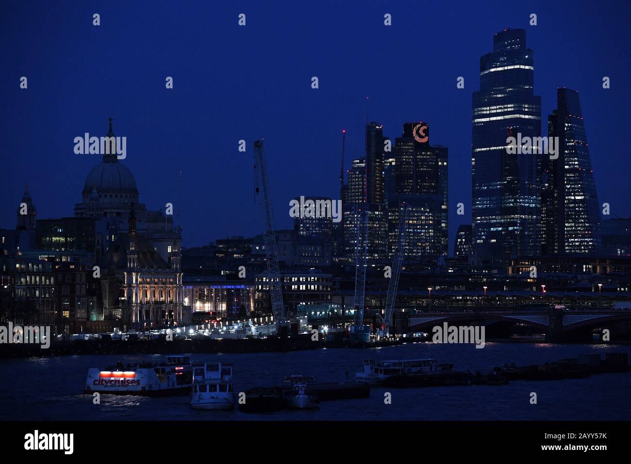 A view of the London Skyline taken from Waterloo Bridge, showing St Paul's Cathedral, Tower 42, 22 Bishopsgate, and the Leadenhall Building (also known as the Cheesegrater). PA Photo. Picture date: Monday February 17, 2020. Photo credit should read: Kirsty O'Connor/PA Wire Stock Photo